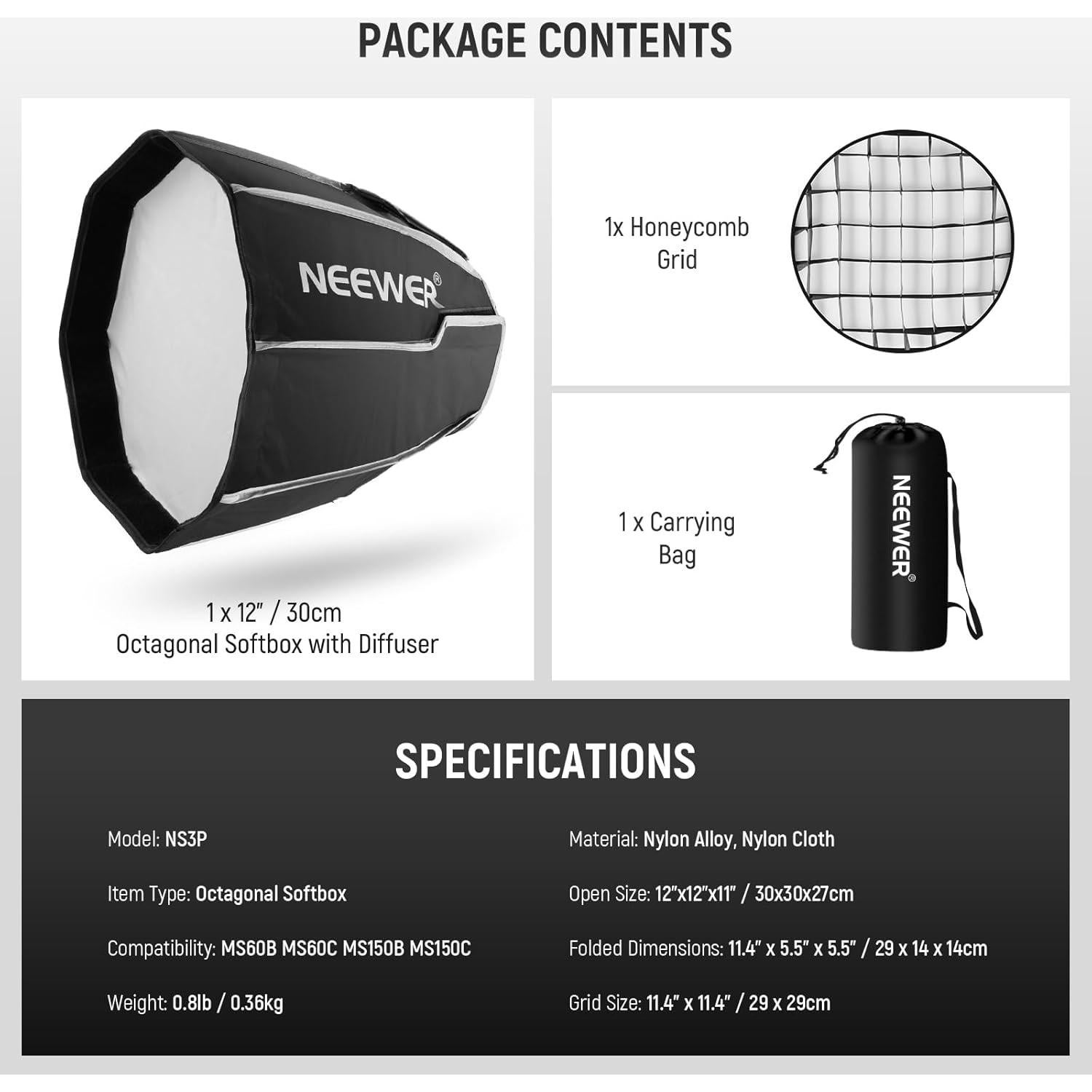 Octagonal Softbox 30 cm with NEEWER Mount, Octabox Softbox Folding & Quick Installation with Honeycomb Light Diffuser/Grid for MS60 MS60B MS60C MS150B,NS3P LED Studio Lamp