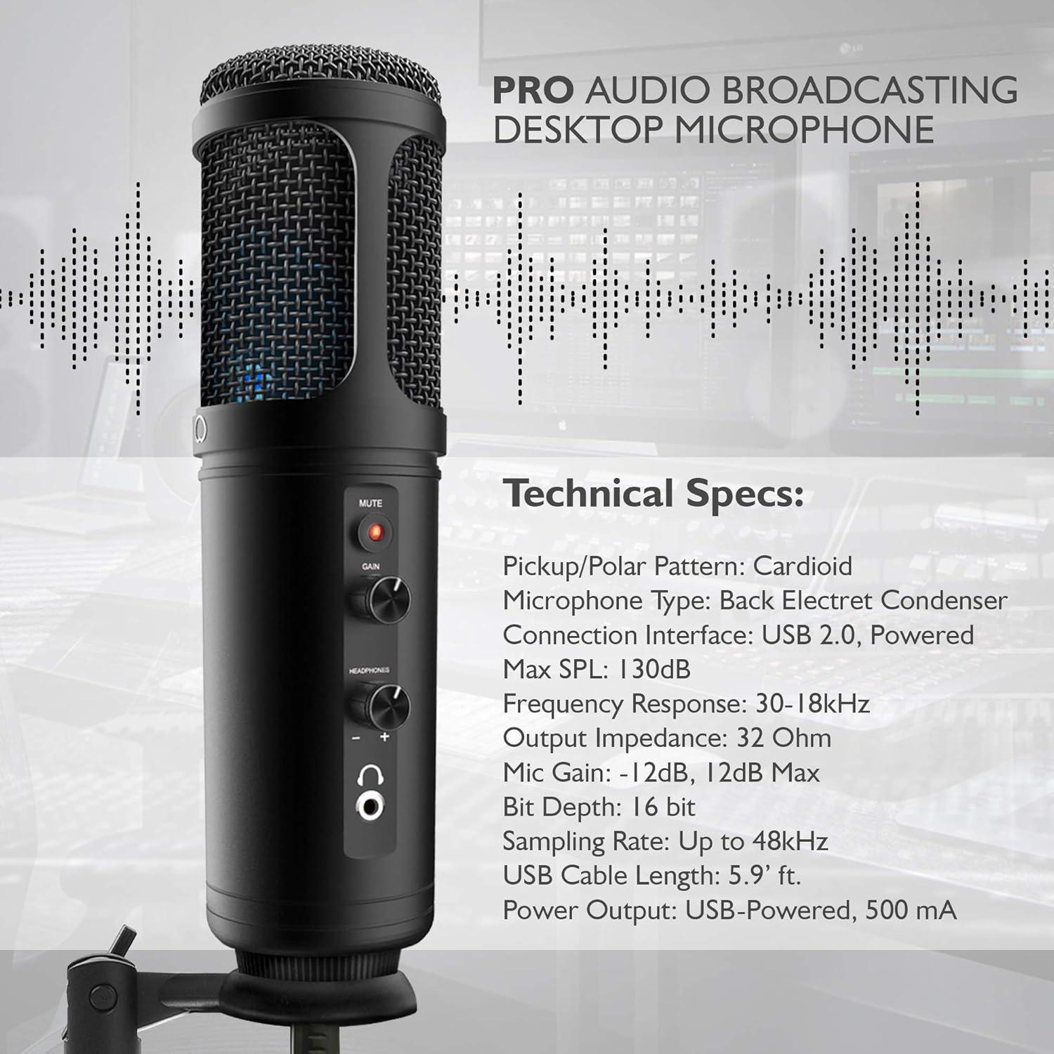 Micrófono de Condensador USB Jovial PDMIUSB50.5 - Ganancia Ajustable, LED Azul, Soporte de Trípode