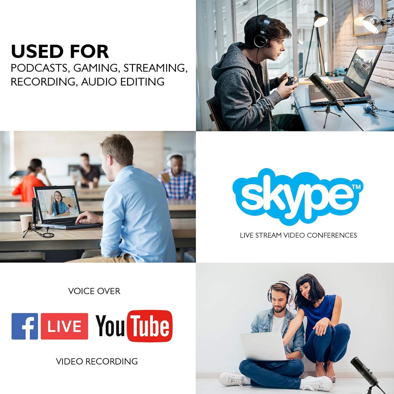 Micrófono de Condensador USB Jovial PDMIUSB50.5 - Ganancia Ajustable, LED Azul, Soporte de Trípode