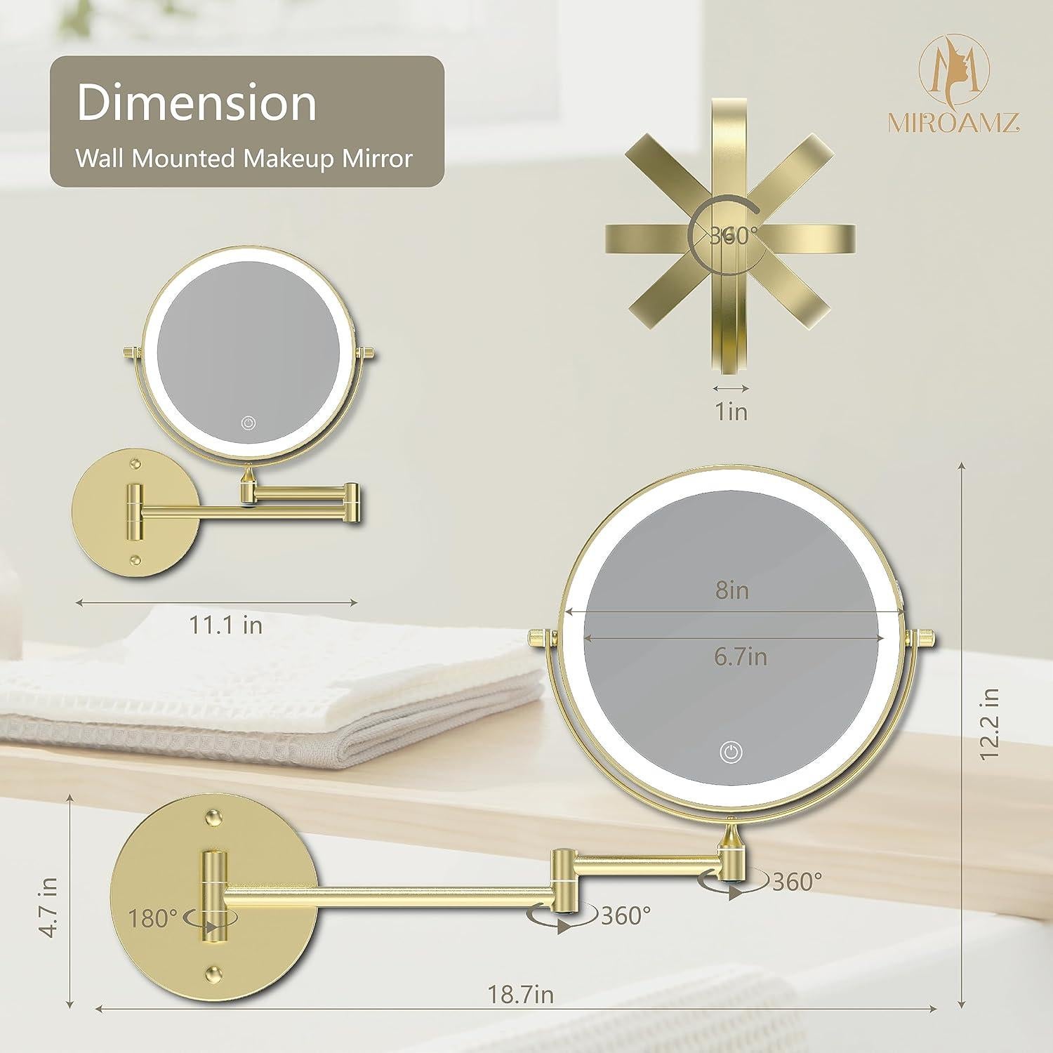 Espejo de Maquillaje MIROAMZ 30.99x28.19 cm Oro 1X 10X
