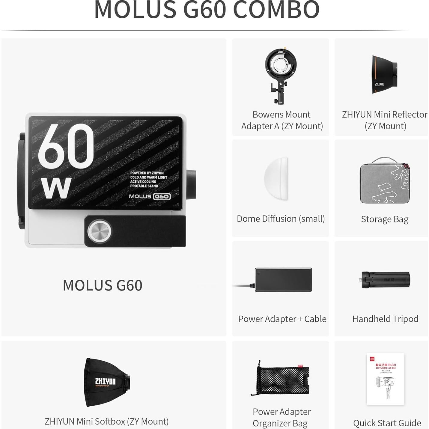 Luz de Video Bi-Color ZHIYUN MOLUS G60 Combo 60W 0.3kg