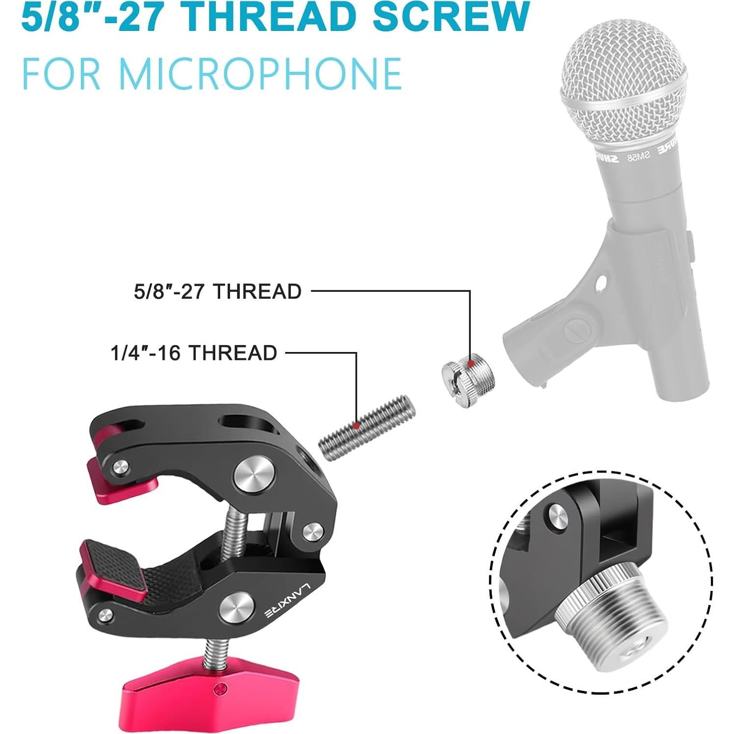 Super Clamp Mic Mount with 1/4" to 5/8" Screw - Compatible with Microphones or Photography Accessories - Max Load 4.4lb/2kg