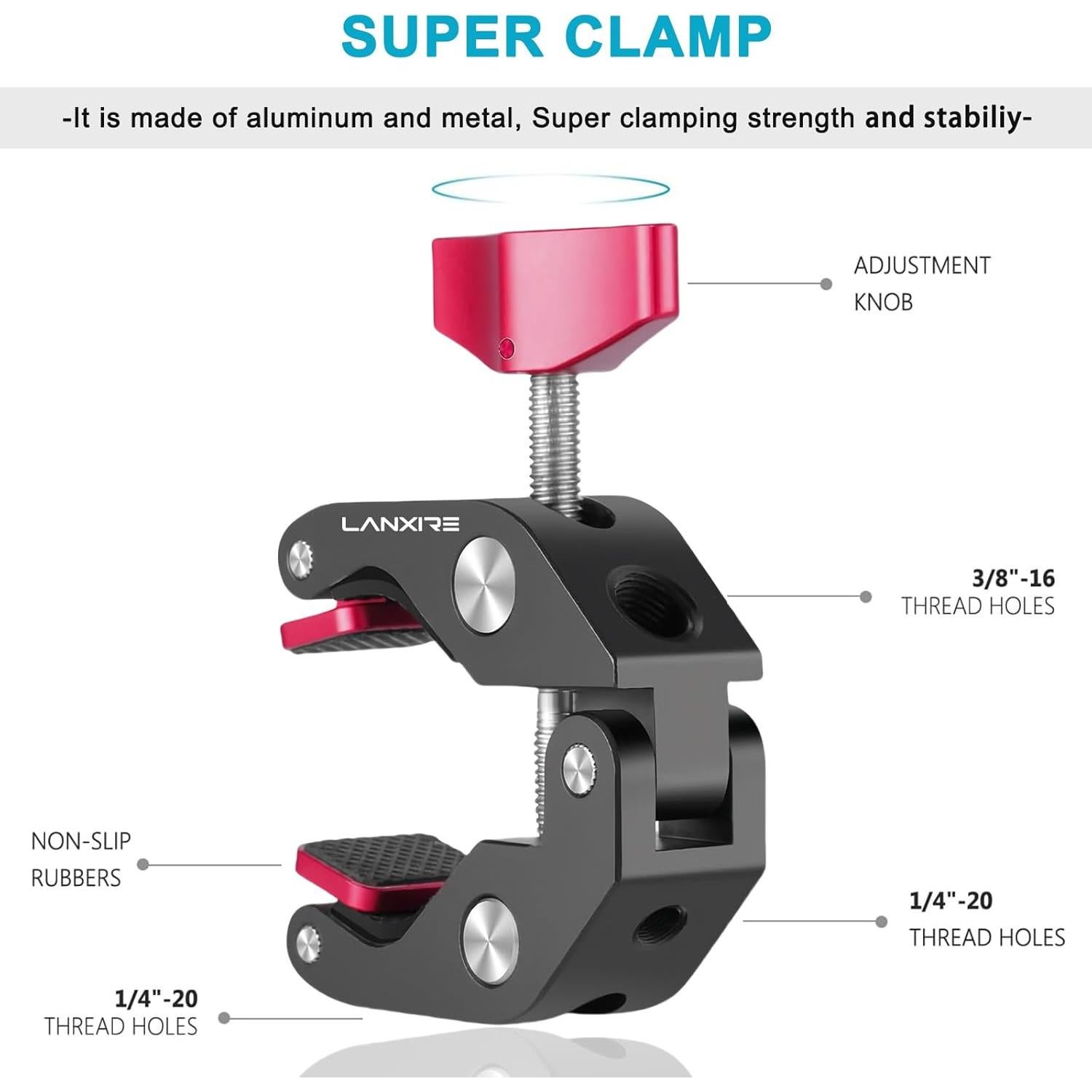 Super Clamp Mic Mount with 1/4" to 5/8" Screw - Compatible with Microphones or Photography Accessories - Max Load 4.4lb/2kg