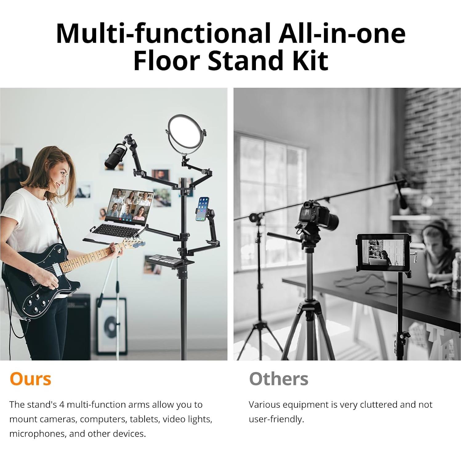 GVM 5-in-1 Movable Live Streaming Floor Stand Kit with Wheels, Overhead Camera Mount with 10" LED Key Light/Mic Boom Arm/Tablet Laptop Phone Stand/Tray for Live Broadcast Podcast Video Recording Game