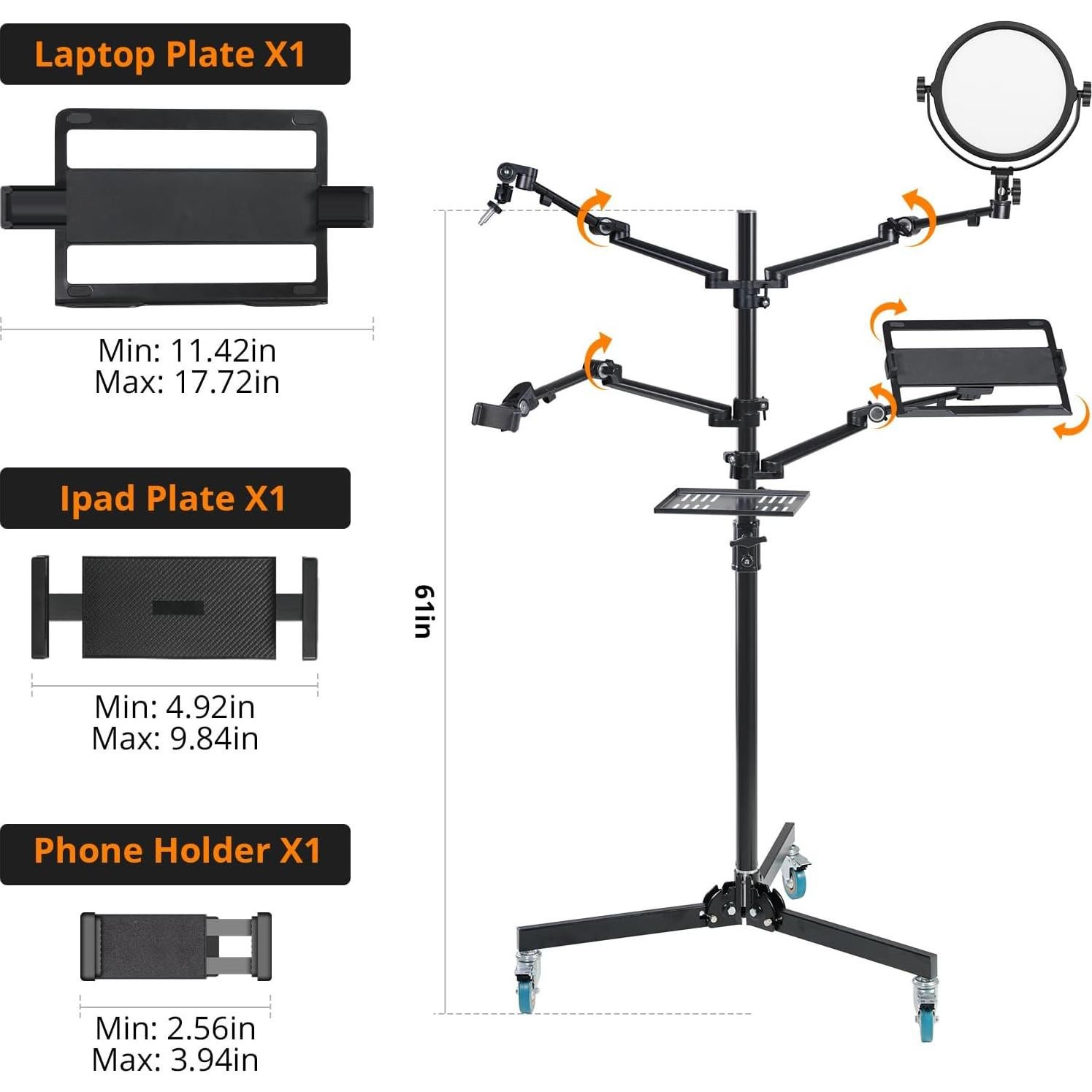 GVM 5-in-1 Movable Live Streaming Floor Stand Kit with Wheels, Overhead Camera Mount with 10" LED Key Light/Mic Boom Arm/Tablet Laptop Phone Stand/Tray for Live Broadcast Podcast Video Recording Game