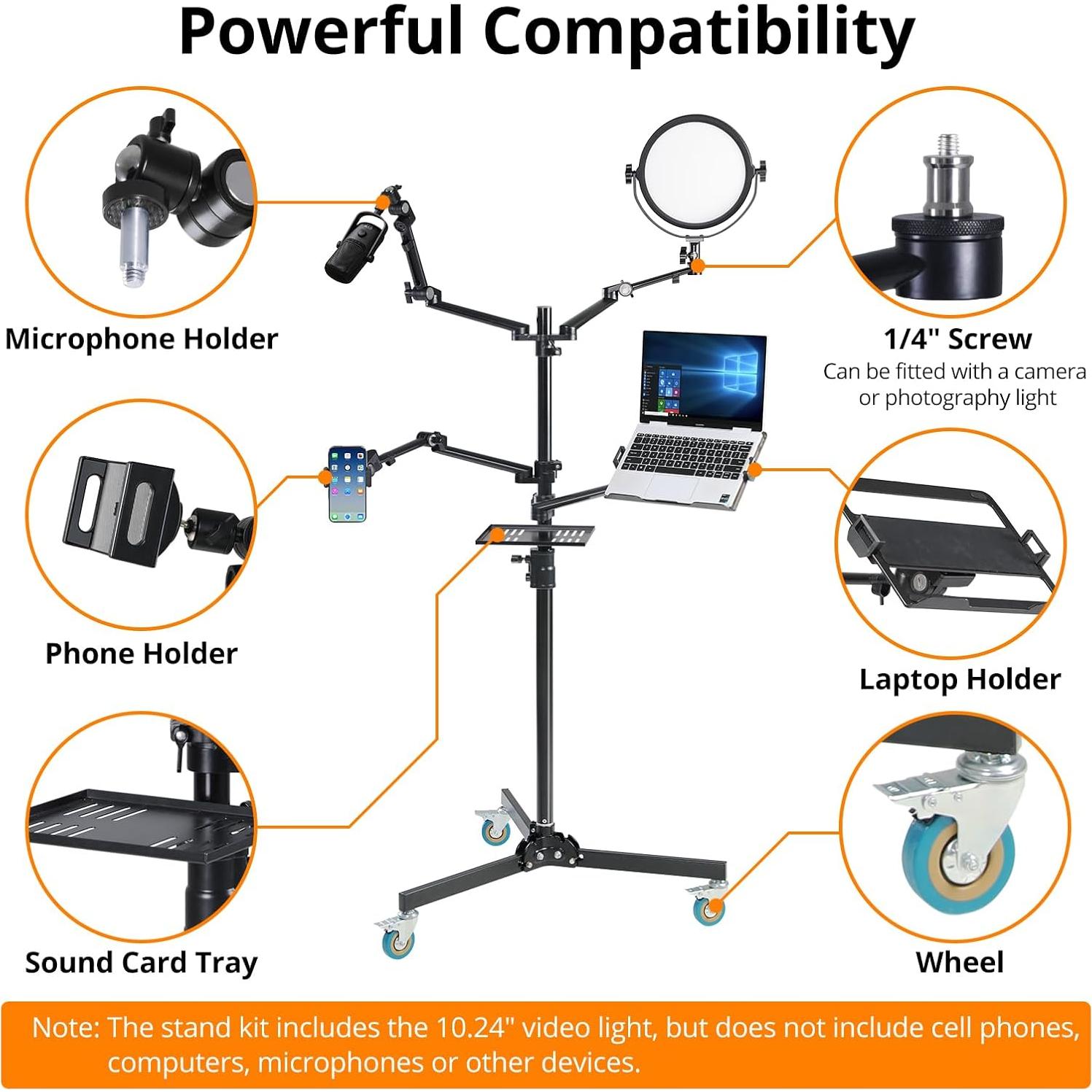 GVM 5-in-1 Movable Live Streaming Floor Stand Kit with Wheels, Overhead Camera Mount with 10" LED Key Light/Mic Boom Arm/Tablet Laptop Phone Stand/Tray for Live Broadcast Podcast Video Recording Game