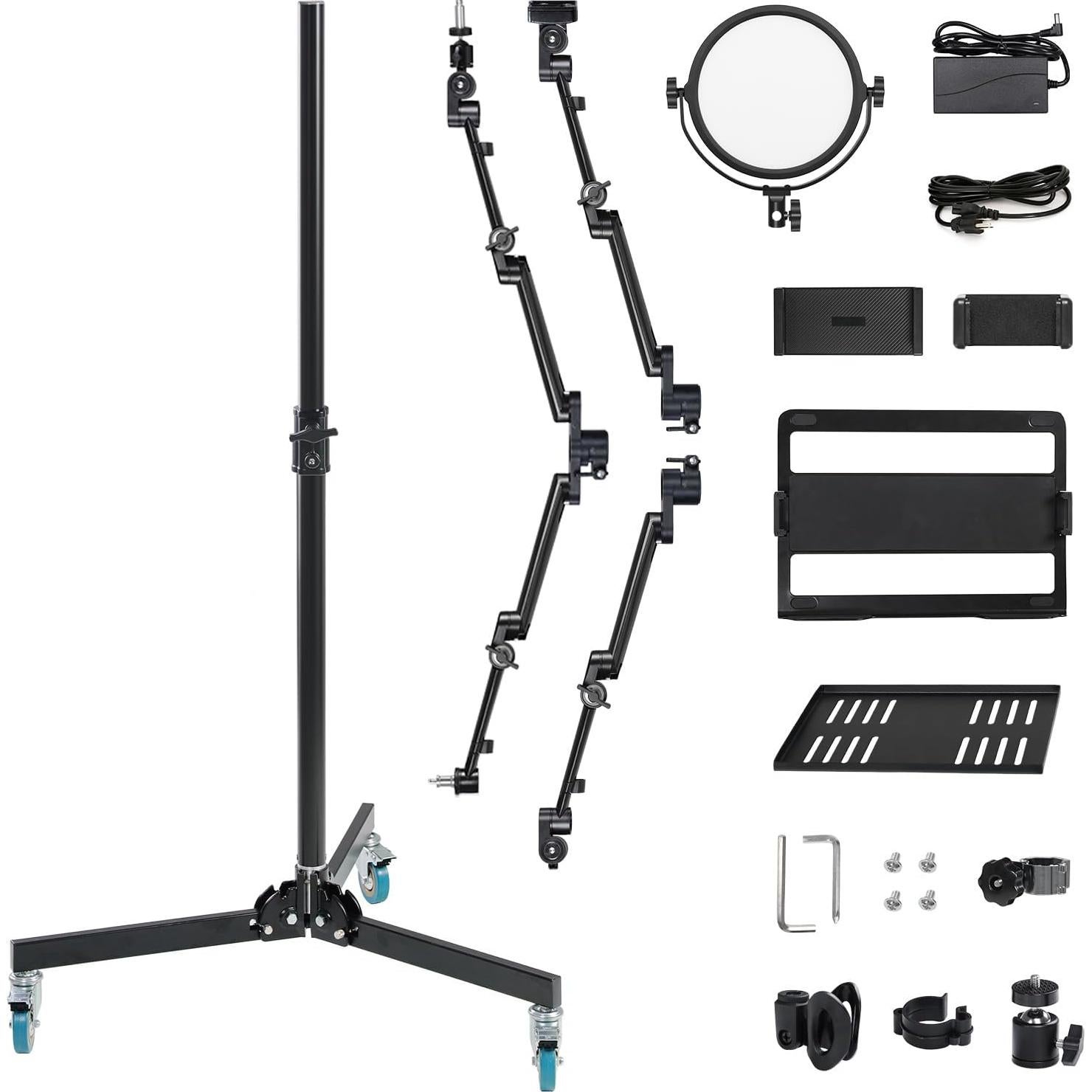 GVM 5-in-1 Movable Live Streaming Floor Stand Kit with Wheels, Overhead Camera Mount with 10" LED Key Light/Mic Boom Arm/Tablet Laptop Phone Stand/Tray for Live Broadcast Podcast Video Recording Game