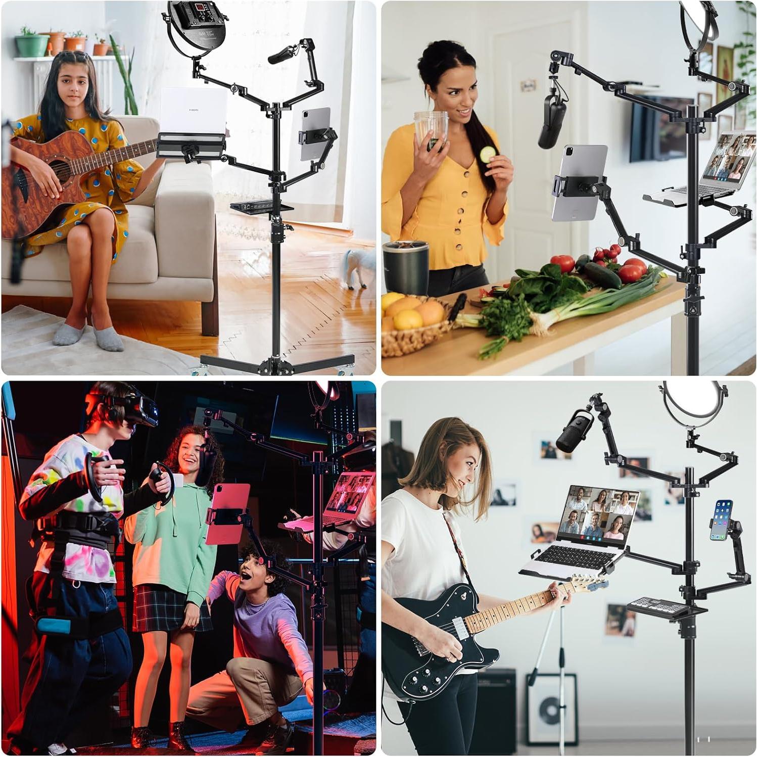 GVM 5-in-1 Movable Live Streaming Floor Stand Kit with Wheels, Overhead Camera Mount with 10" LED Key Light/Mic Boom Arm/Tablet Laptop Phone Stand/Tray for Live Broadcast Podcast Video Recording Game