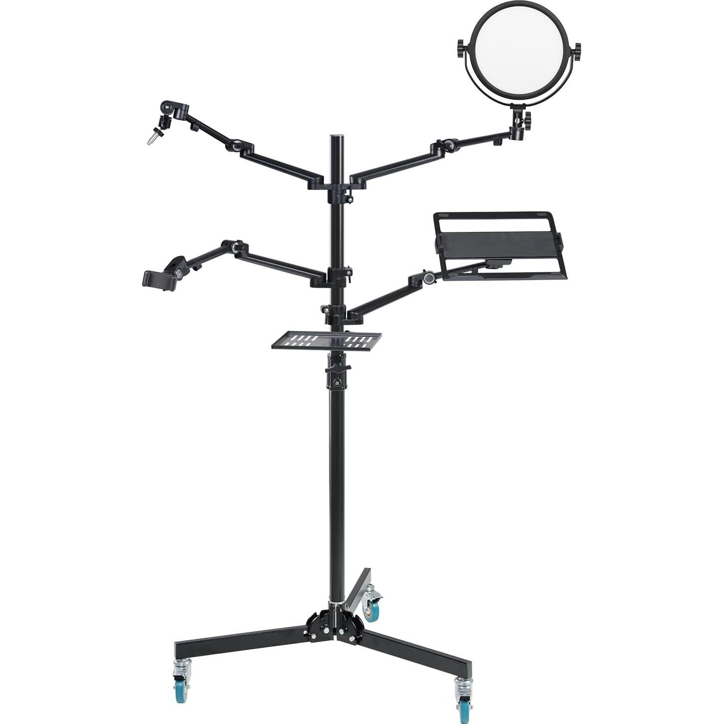 GVM 5-in-1 Movable Live Streaming Floor Stand Kit with Wheels, Overhead Camera Mount with 10" LED Key Light/Mic Boom Arm/Tablet Laptop Phone Stand/Tray for Live Broadcast Podcast Video Recording Game