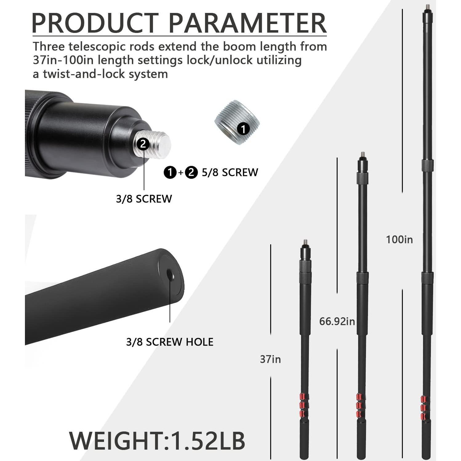 Polo de Boom Portátil de Mano para Micrófono de Escopeta 0.94m a 2.55m