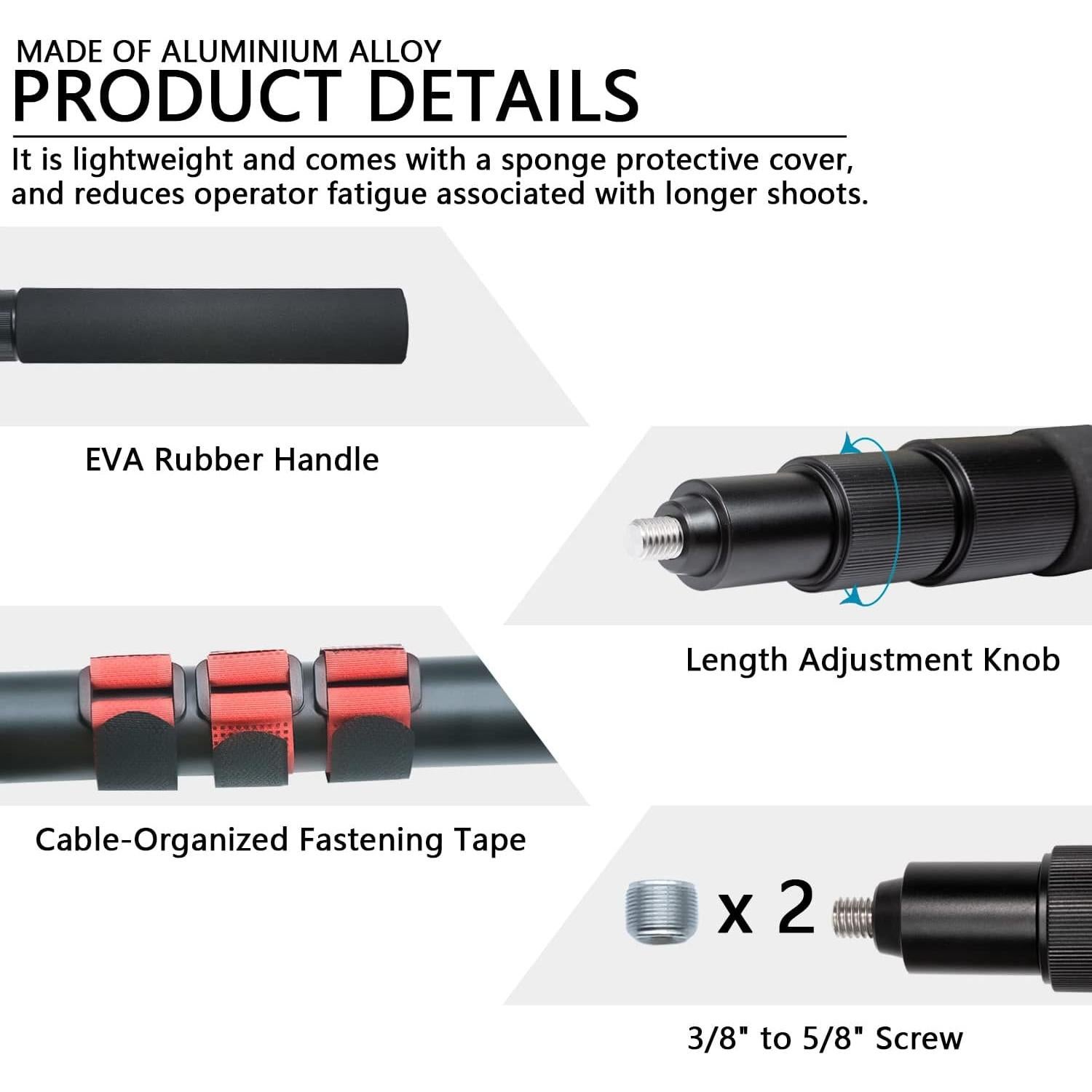 Polo de Boom Portátil de Mano para Micrófono de Escopeta 0.94m a 2.55m