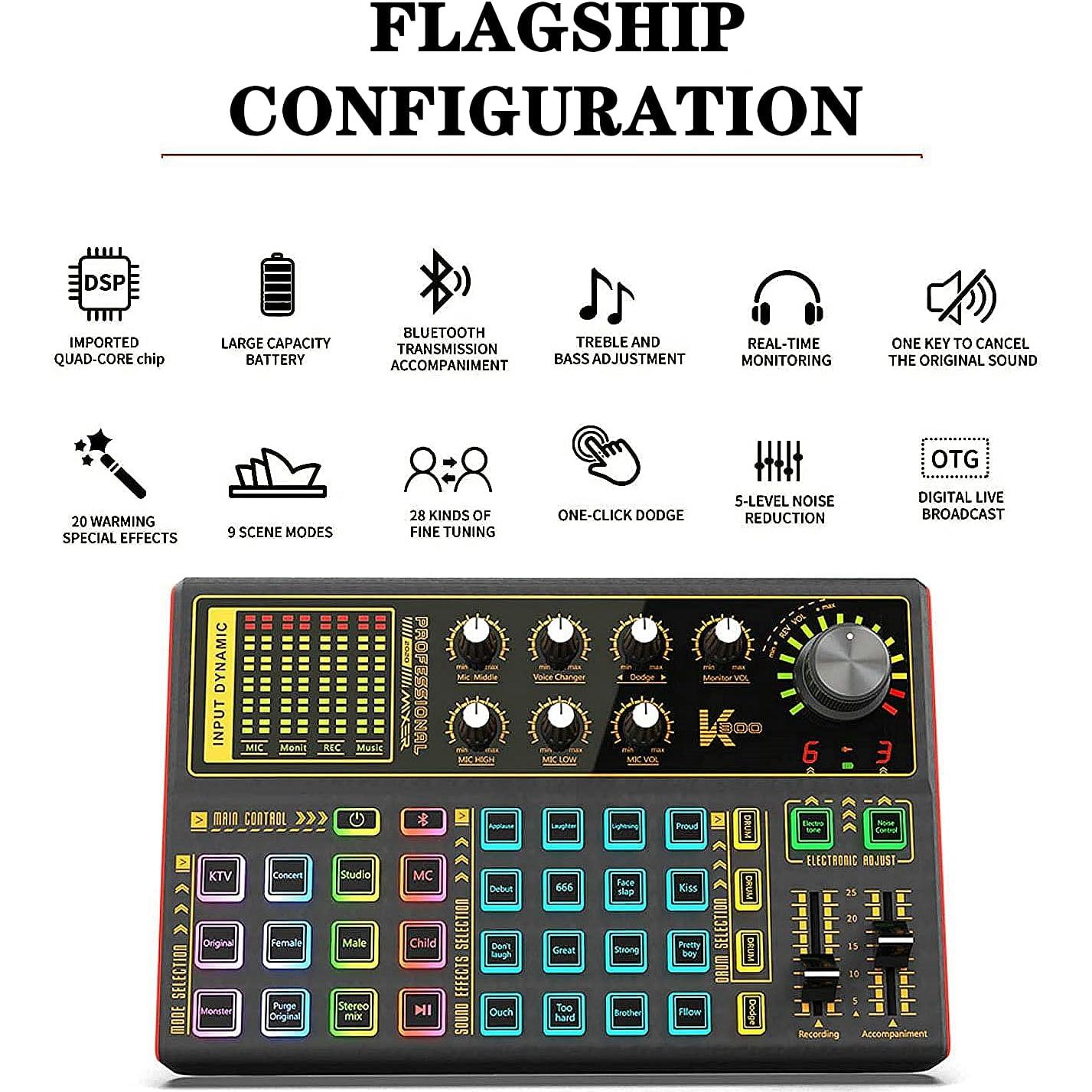 Paquete de Equipos de Podcast K300 con Micrófono y Efectos