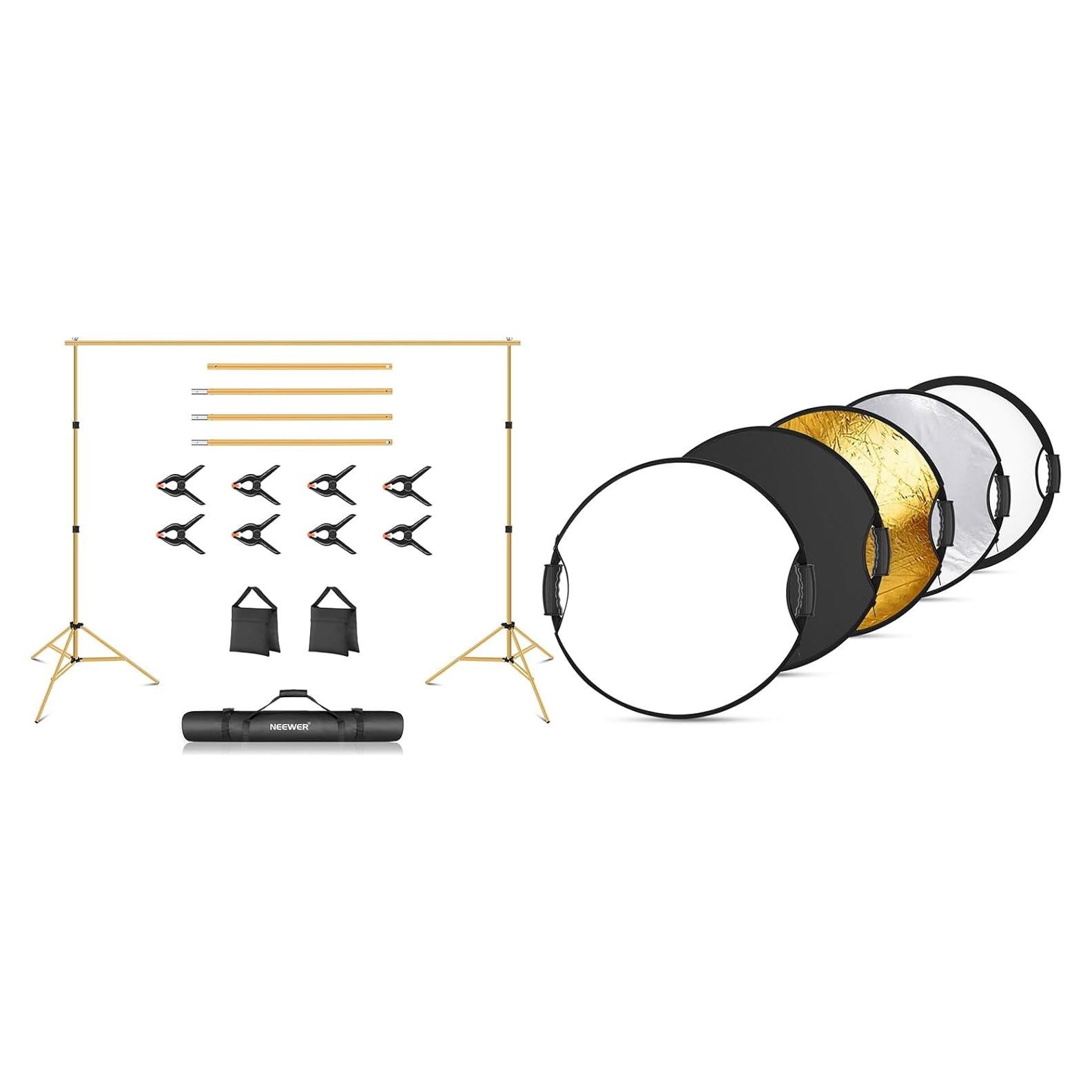 Neewer 10x7ft Gold Backdrop Stand with 4 Crossbars 8 Clamps 2 Sandbags, Adjustable Photo Studio Backdrop Support System for Wedding Parties Portrait Photography, RF-56II 22" Light Reflector Included