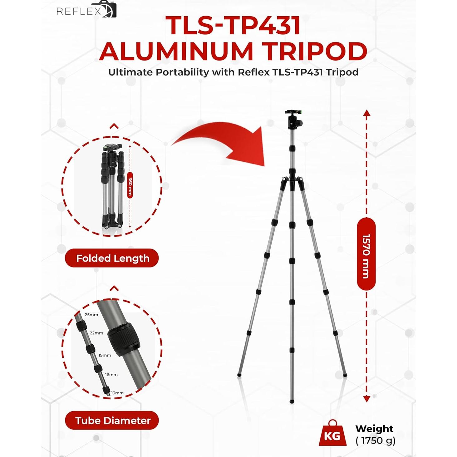 Trípode de Aluminio Ligero Reflex TLS-TP431 190cm 5kg