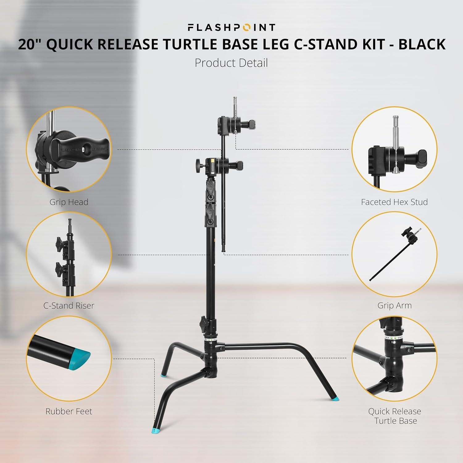 Kit C-Stand Flashpoint 1.8m con Base Tortuga y Brazo 50cm