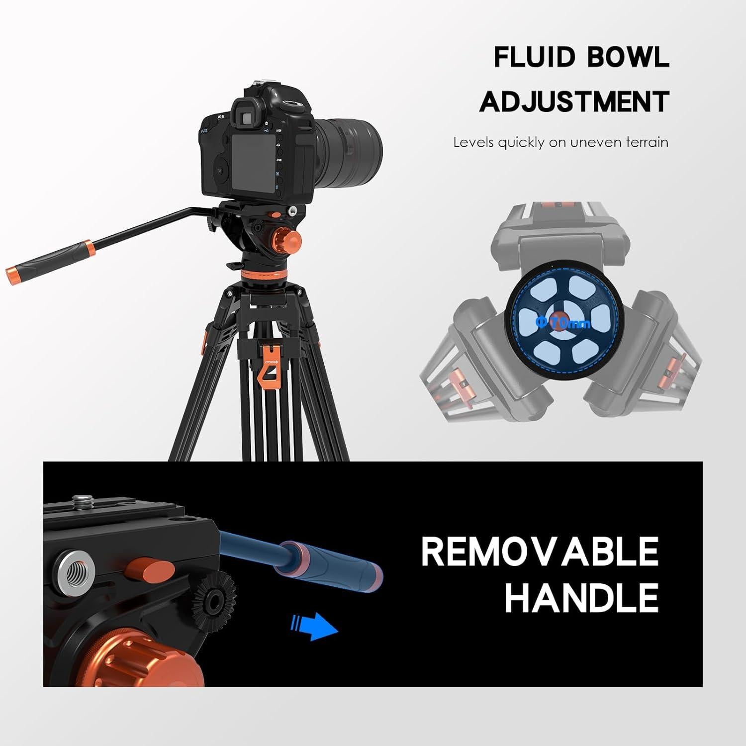 Trípode GEEKOTO de Aluminio 182.88 cm con Cabezal Fluido K3