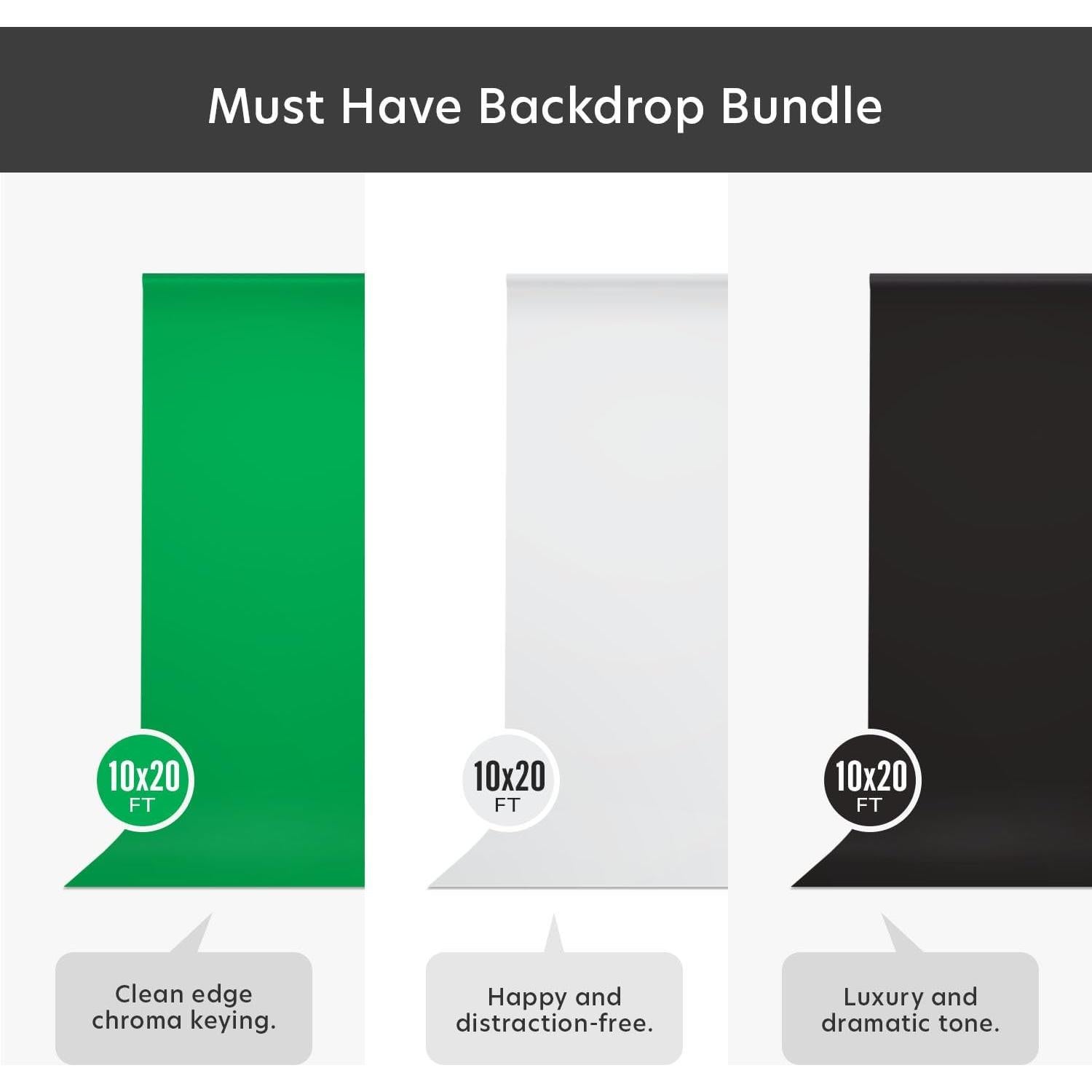 Julius Studio 10 x 20 ft. (W x H) White, Black, Green Backdrop Background Screen Bundle, High Density Premium A+ Grade>200GSM Synthetic Fabric Professional, Wrinkle Resistant, True Chromakey, JSAG845
