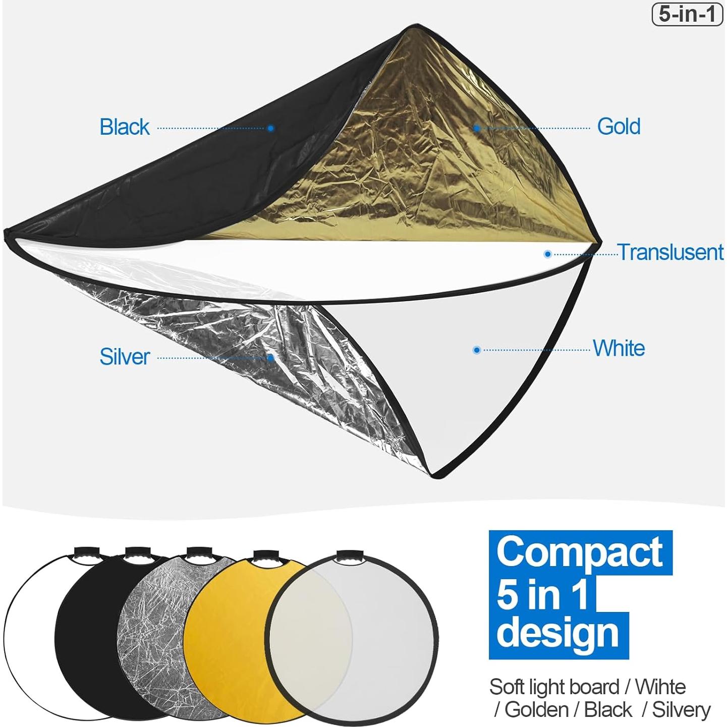 Reflector de Fotografía 5 en 1 Neewer 80cm con Mango y Adaptador