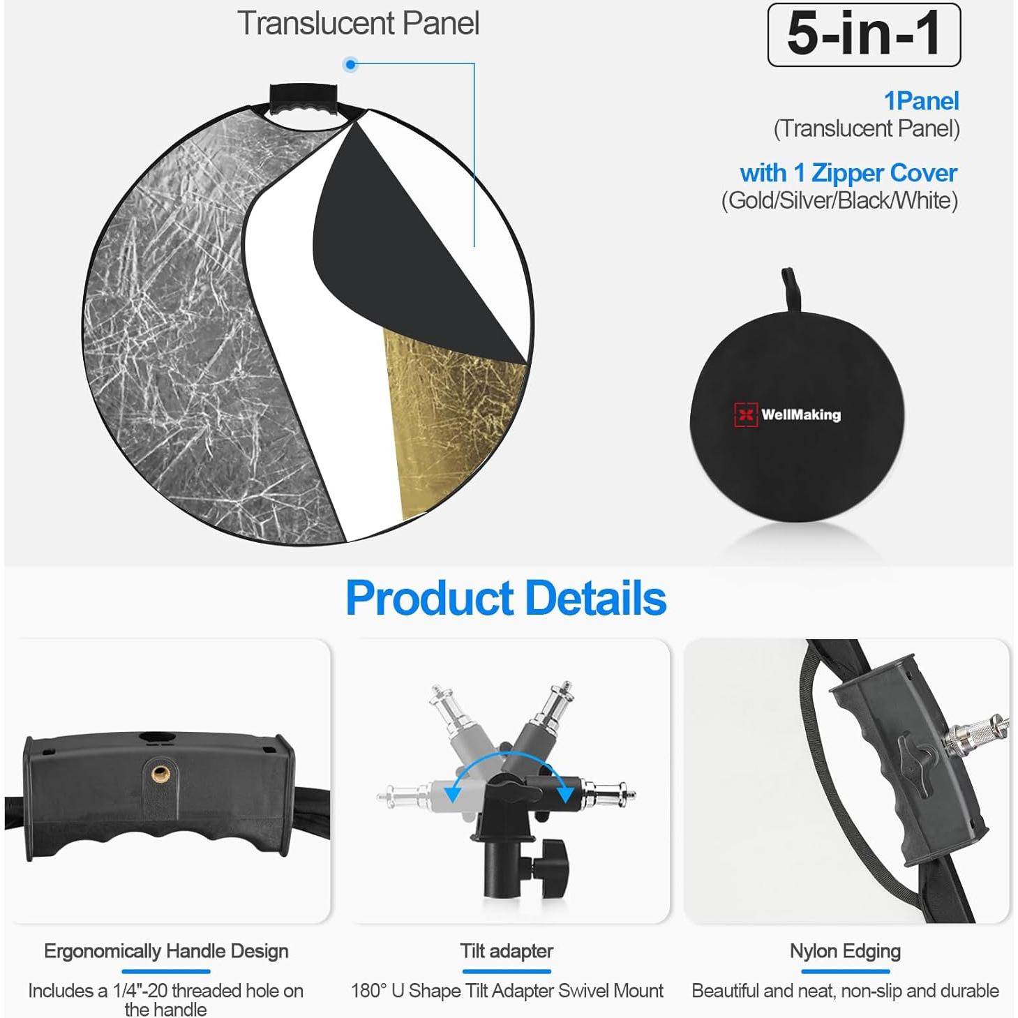 Reflector de Fotografía 5 en 1 Neewer 80cm con Mango y Adaptador