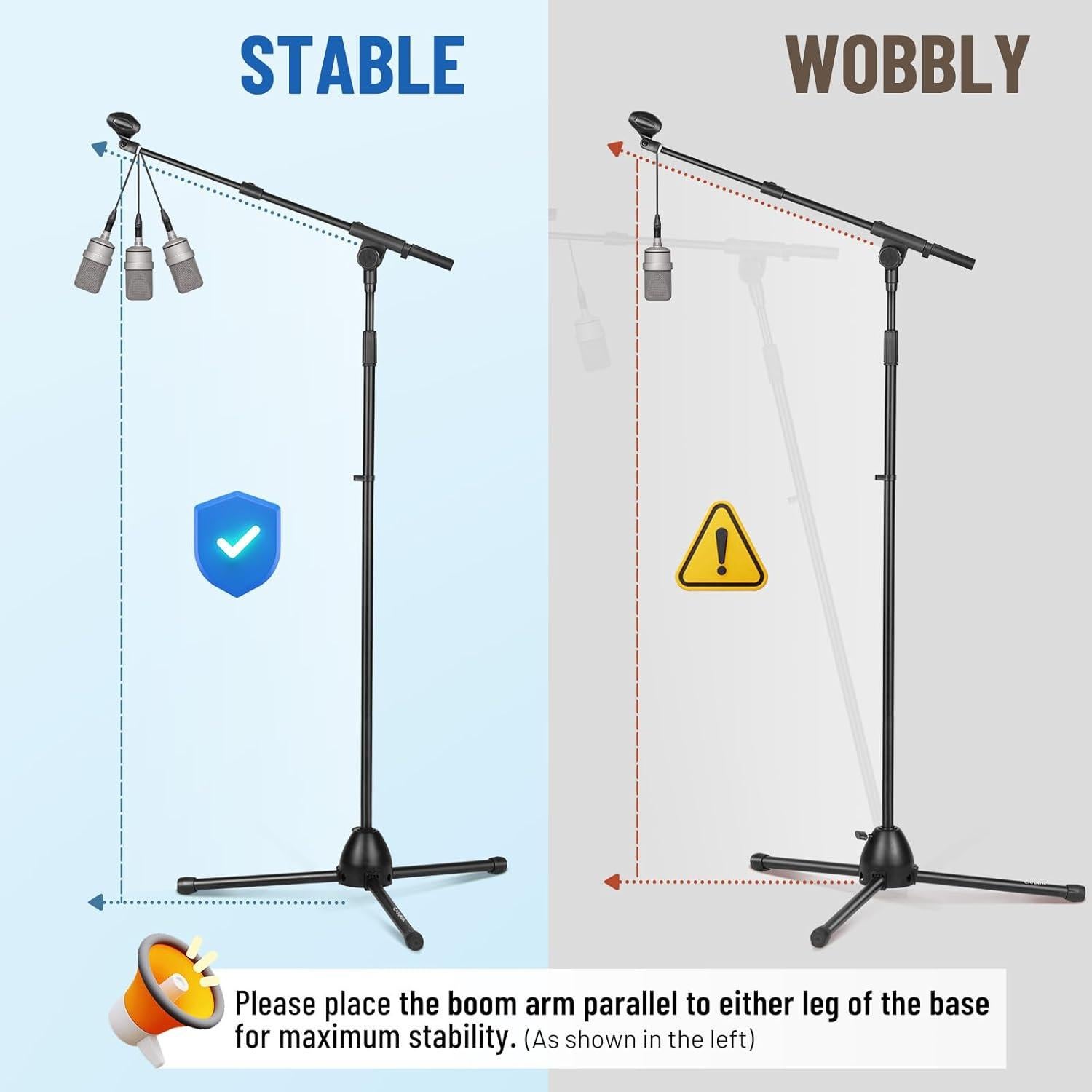 CAHAYA Microphone Stand Heavy-Duty Super Resistent Tripod Boom Universal Mic Stand with 2 Mic Clips for Most Mics Height Adjustable Mic Stand for Singing Wedding Performance CY0330