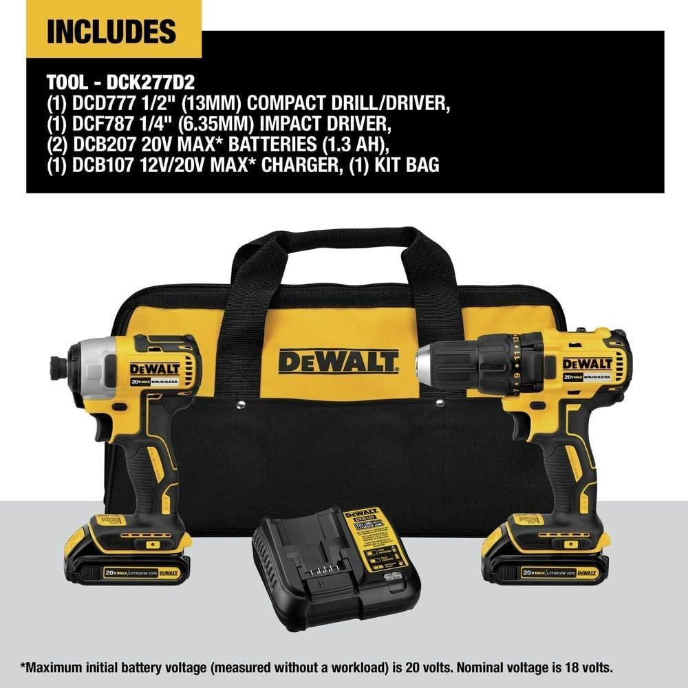 DEWALT Taladro 20V MAX y Destornillador Impacto 2 Piezas