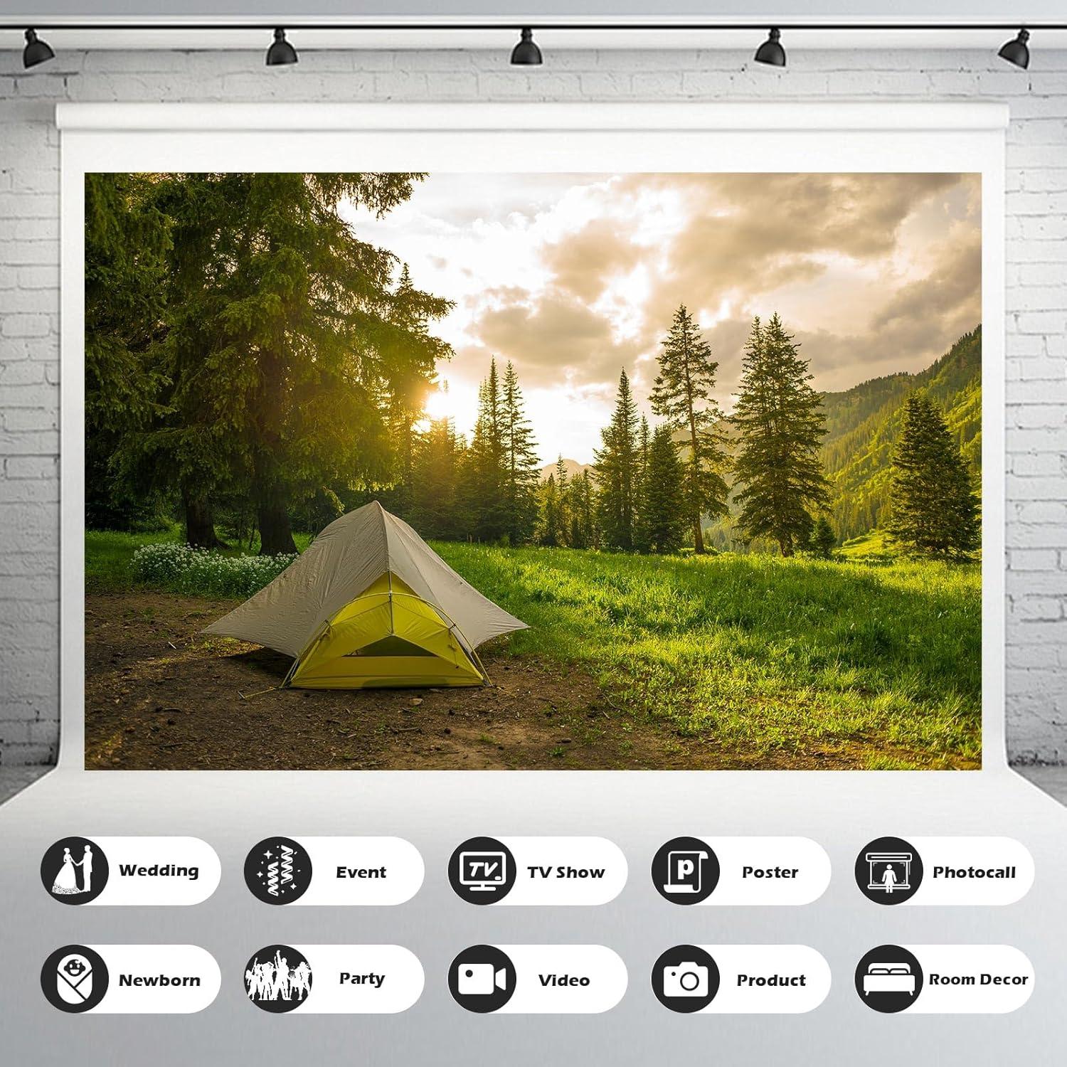 Jungle Forest Photography Background Tents in Forest Golden Evening Lights Background Nature Landscape Forest Trees Lush Grass Enchanted Safari Theme Banner Adult Photo Studio Props 7x5ft