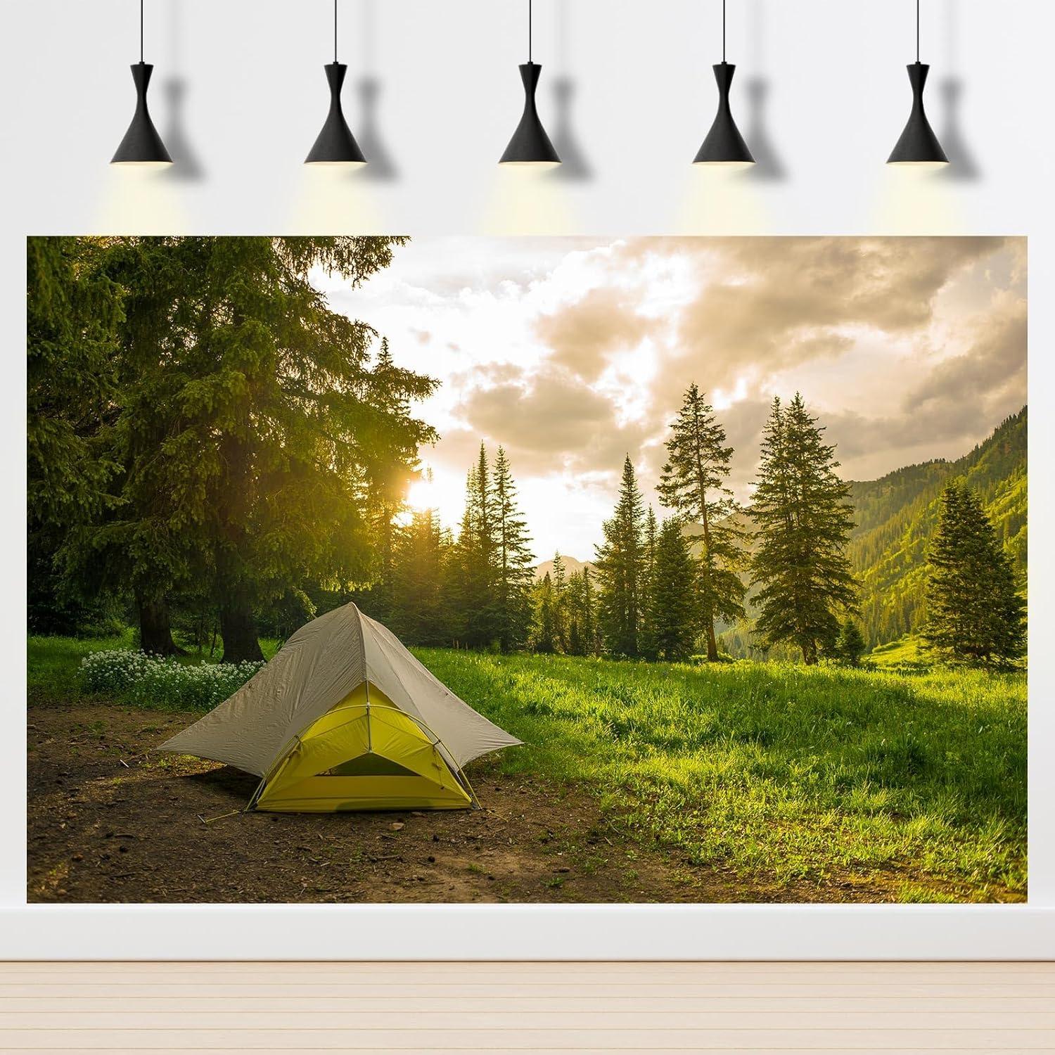 Jungle Forest Photography Background Tents in Forest Golden Evening Lights Background Nature Landscape Forest Trees Lush Grass Enchanted Safari Theme Banner Adult Photo Studio Props 7x5ft