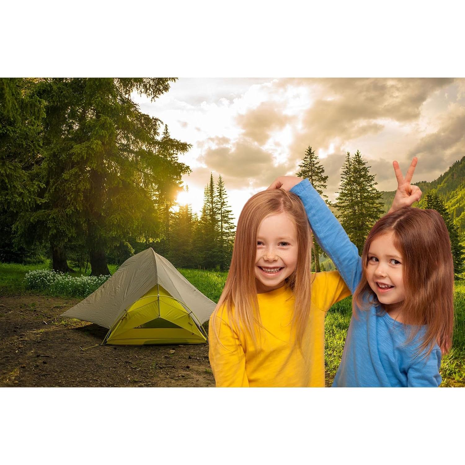 Jungle Forest Photography Background Tents in Forest Golden Evening Lights Background Nature Landscape Forest Trees Lush Grass Enchanted Safari Theme Banner Adult Photo Studio Props 7x5ft