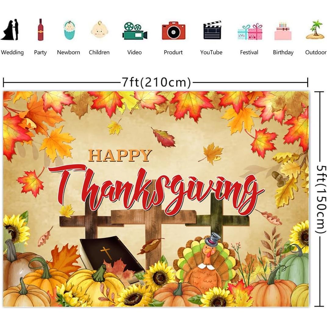 Fall Thanksgiving Backdrops Pumpkin Patch Decorations Autumn Farm Harvest Turkey Maple Leaves Sunflower Banner Photography Background Friendsgiving Party Supplies Photo Studio Booth Prop 7x5ft