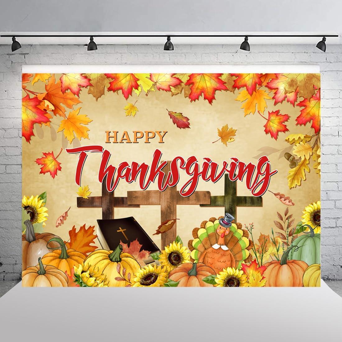 Fall Thanksgiving Backdrops Pumpkin Patch Decorations Autumn Farm Harvest Turkey Maple Leaves Sunflower Banner Photography Background Friendsgiving Party Supplies Photo Studio Booth Prop 7x5ft