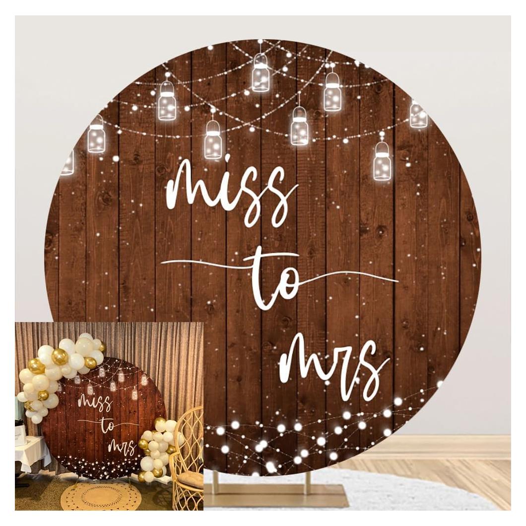Laeacco 7.5x7.5ft Wood Miss to Mrs Round Backdrop Rustic Wooden Planks Circle Backdrop Cover White String Lights Arch Photography Background Bridal Shower Wedding Engagement Party Portrait Booth Props