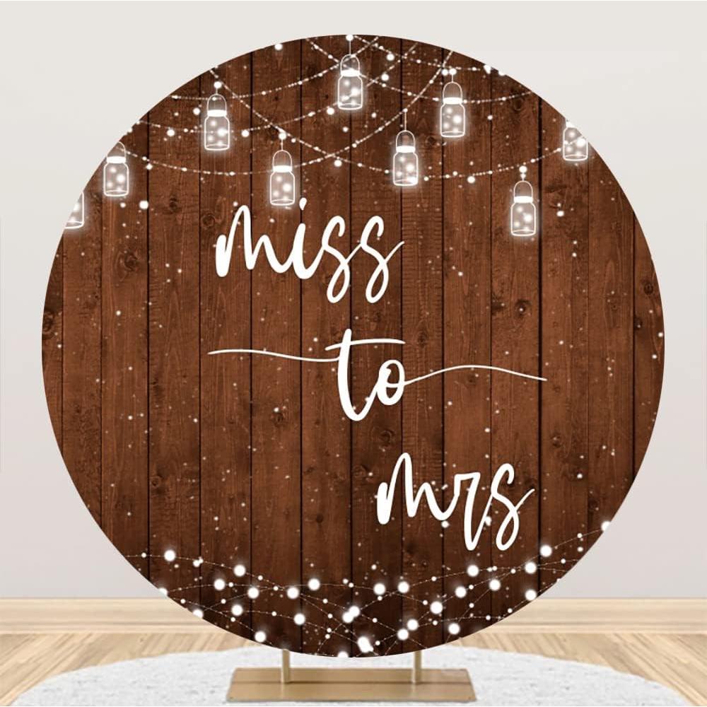 Laeacco 7.5x7.5ft Wood Miss to Mrs Round Backdrop Rustic Wooden Planks Circle Backdrop Cover White String Lights Arch Photography Background Bridal Shower Wedding Engagement Party Portrait Booth Props