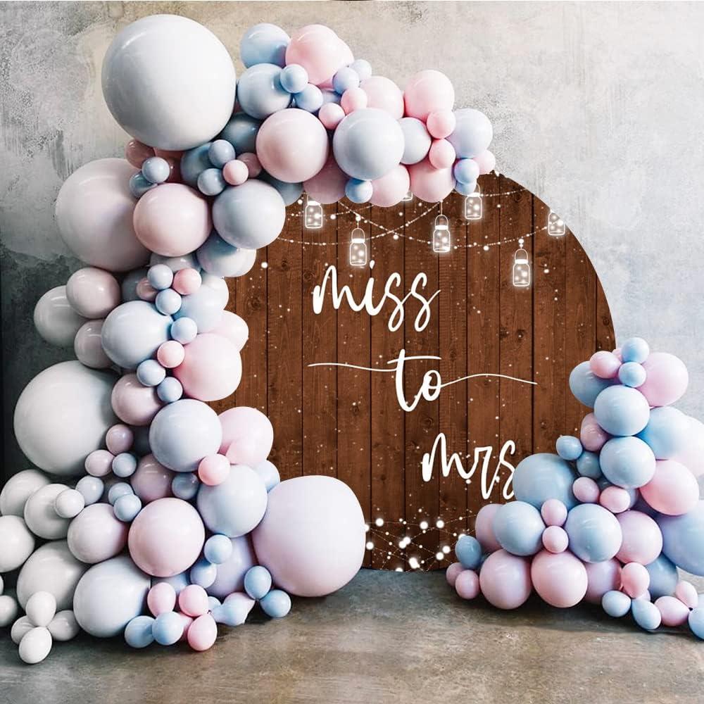 Laeacco 7.5x7.5ft Wood Miss to Mrs Round Backdrop Rustic Wooden Planks Circle Backdrop Cover White String Lights Arch Photography Background Bridal Shower Wedding Engagement Party Portrait Booth Props