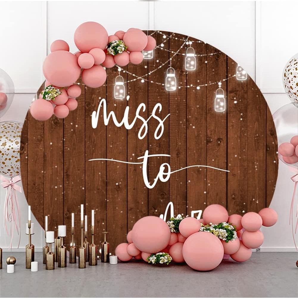 Laeacco 7.5x7.5ft Wood Miss to Mrs Round Backdrop Rustic Wooden Planks Circle Backdrop Cover White String Lights Arch Photography Background Bridal Shower Wedding Engagement Party Portrait Booth Props