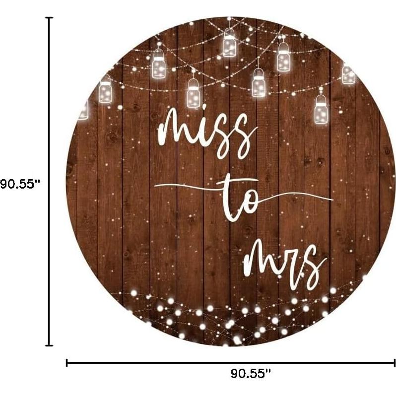 Laeacco 7.5x7.5ft Wood Miss to Mrs Round Backdrop Rustic Wooden Planks Circle Backdrop Cover White String Lights Arch Photography Background Bridal Shower Wedding Engagement Party Portrait Booth Props