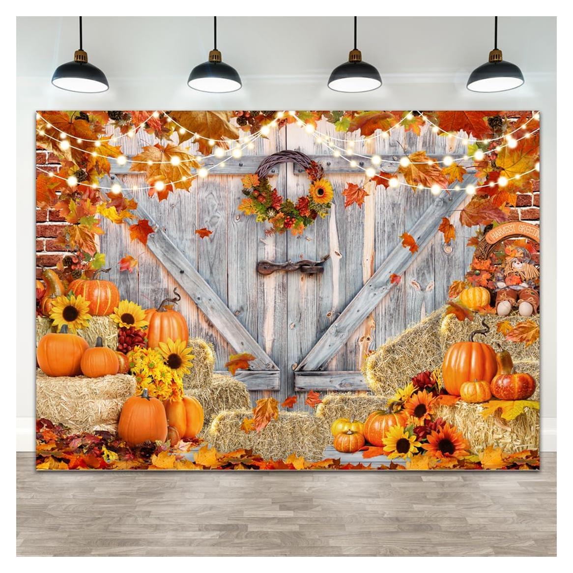 Fall Thanksgiving Photo Backdrop for Photography Farm Autumn Pumpkin Harvest Maple Leaves Barn Dorr Banner Background Fall Landscape Birthday Party Decoration Photo Booth Studio Props 7x5ft