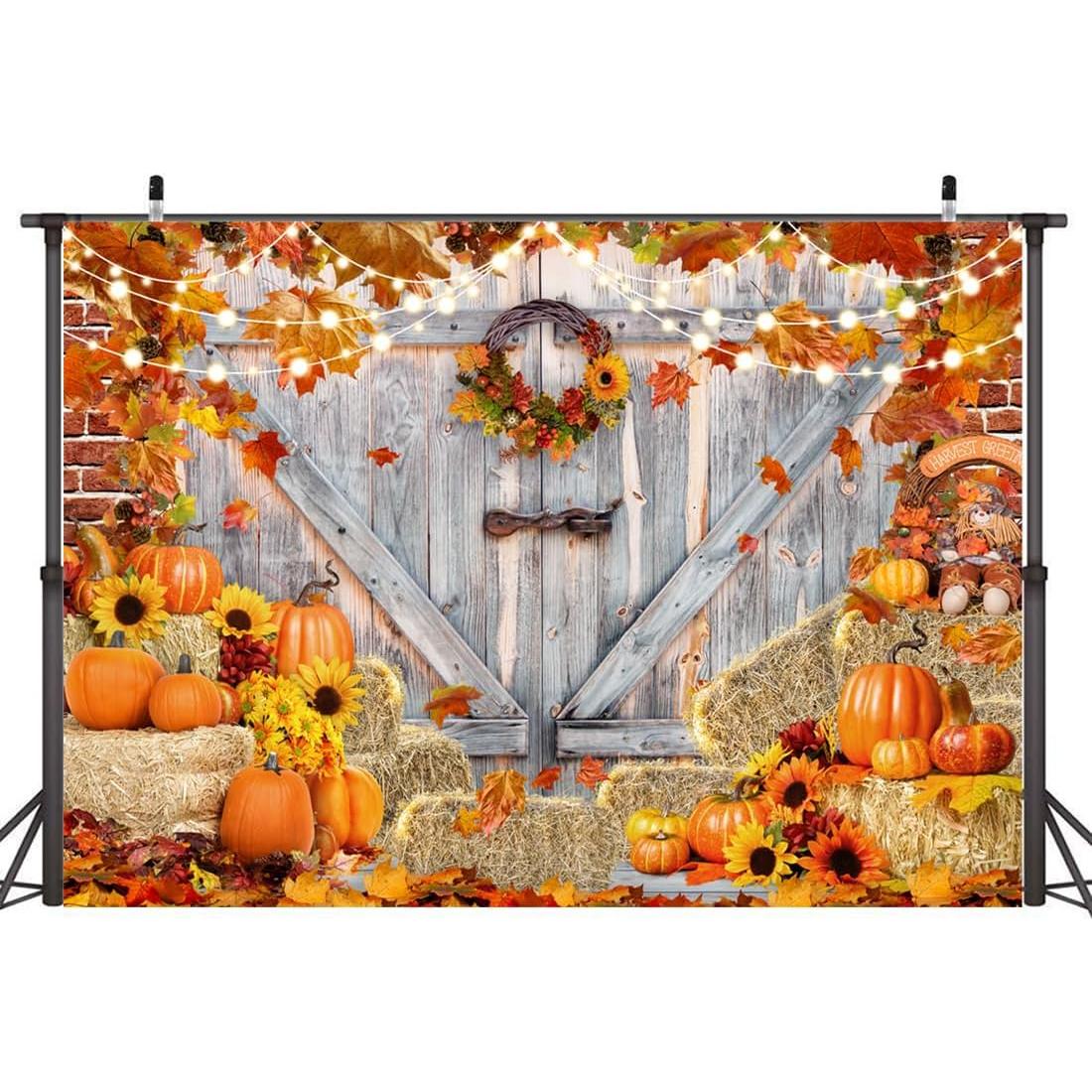 Fall Thanksgiving Photo Backdrop for Photography Farm Autumn Pumpkin Harvest Maple Leaves Barn Dorr Banner Background Fall Landscape Birthday Party Decoration Photo Booth Studio Props 7x5ft