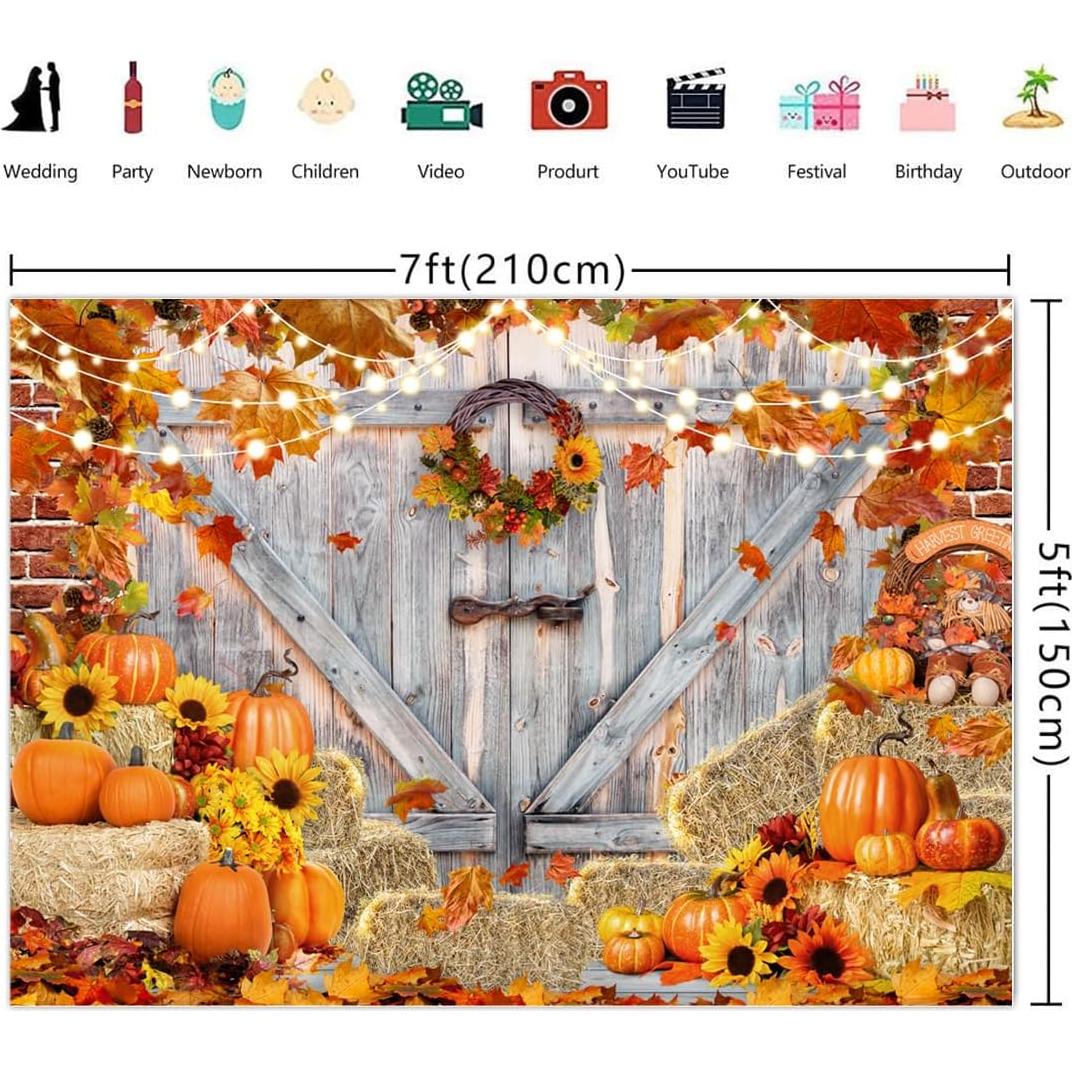 Fall Thanksgiving Photo Backdrop for Photography Farm Autumn Pumpkin Harvest Maple Leaves Barn Dorr Banner Background Fall Landscape Birthday Party Decoration Photo Booth Studio Props 7x5ft