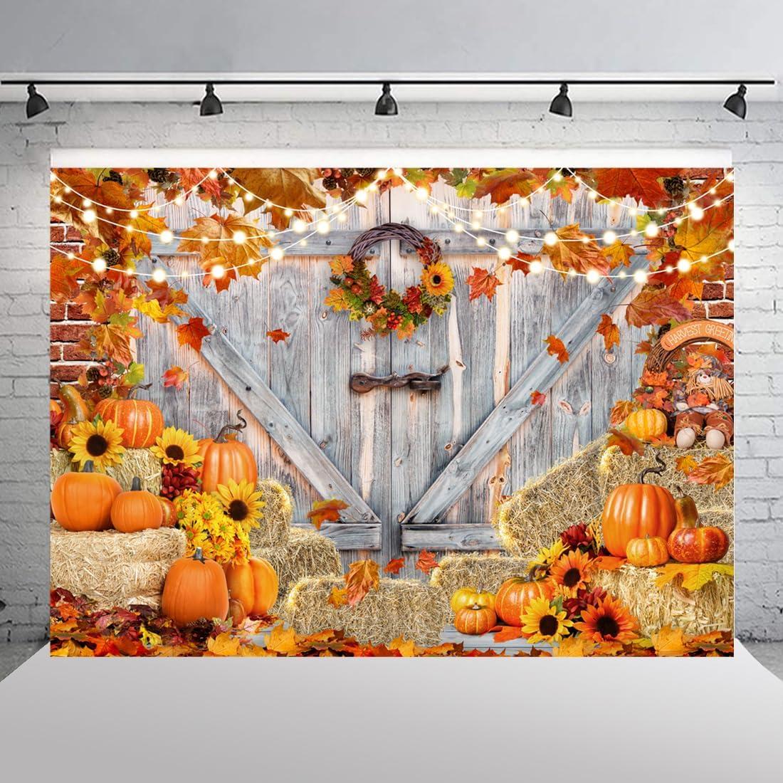 Fall Thanksgiving Photo Backdrop for Photography Farm Autumn Pumpkin Harvest Maple Leaves Barn Dorr Banner Background Fall Landscape Birthday Party Decoration Photo Booth Studio Props 7x5ft