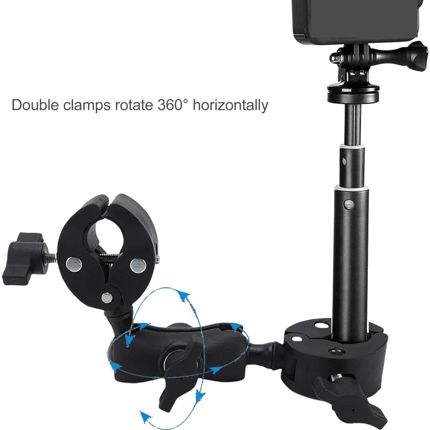Dpofirs Super Clamp Double Camera Clamp Mount, Magic Arm Double Ball Head Adapter for Studio Light Stands, Tripods, Motorcycle, Bike Handlebars
