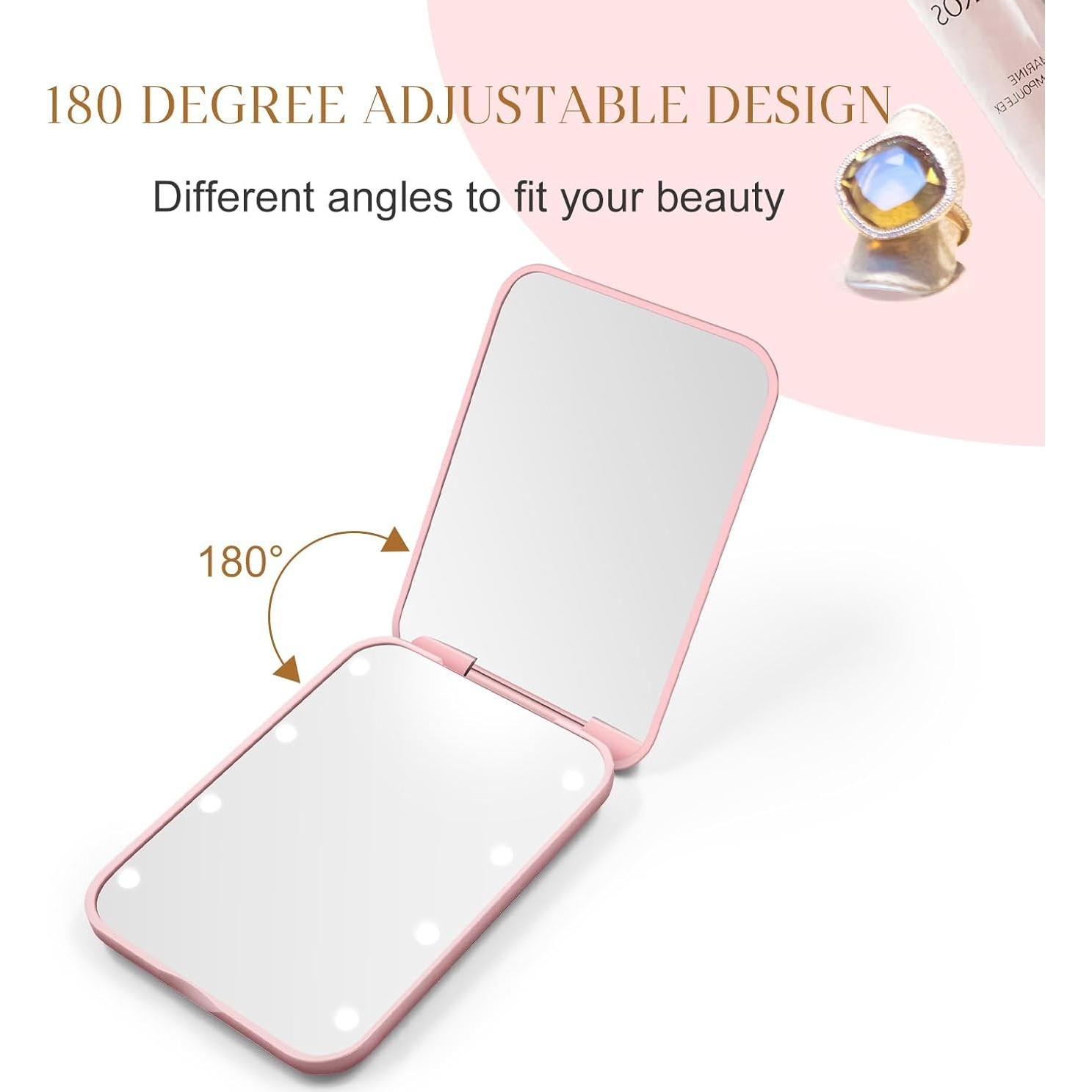 Espejo Compacto Kakuje Rosa con Luz LED 1X/3X para Viaje