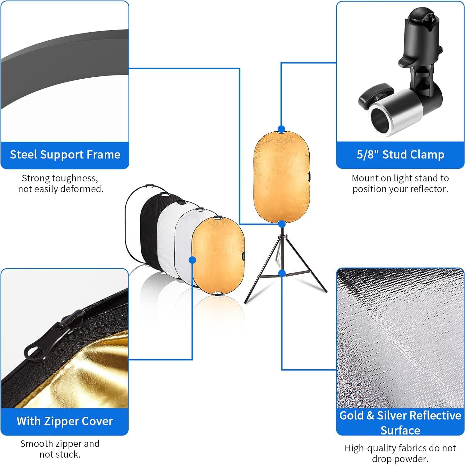 Kit Reflector 5-en-1 Selens 100x150cm con Soporte y Funda