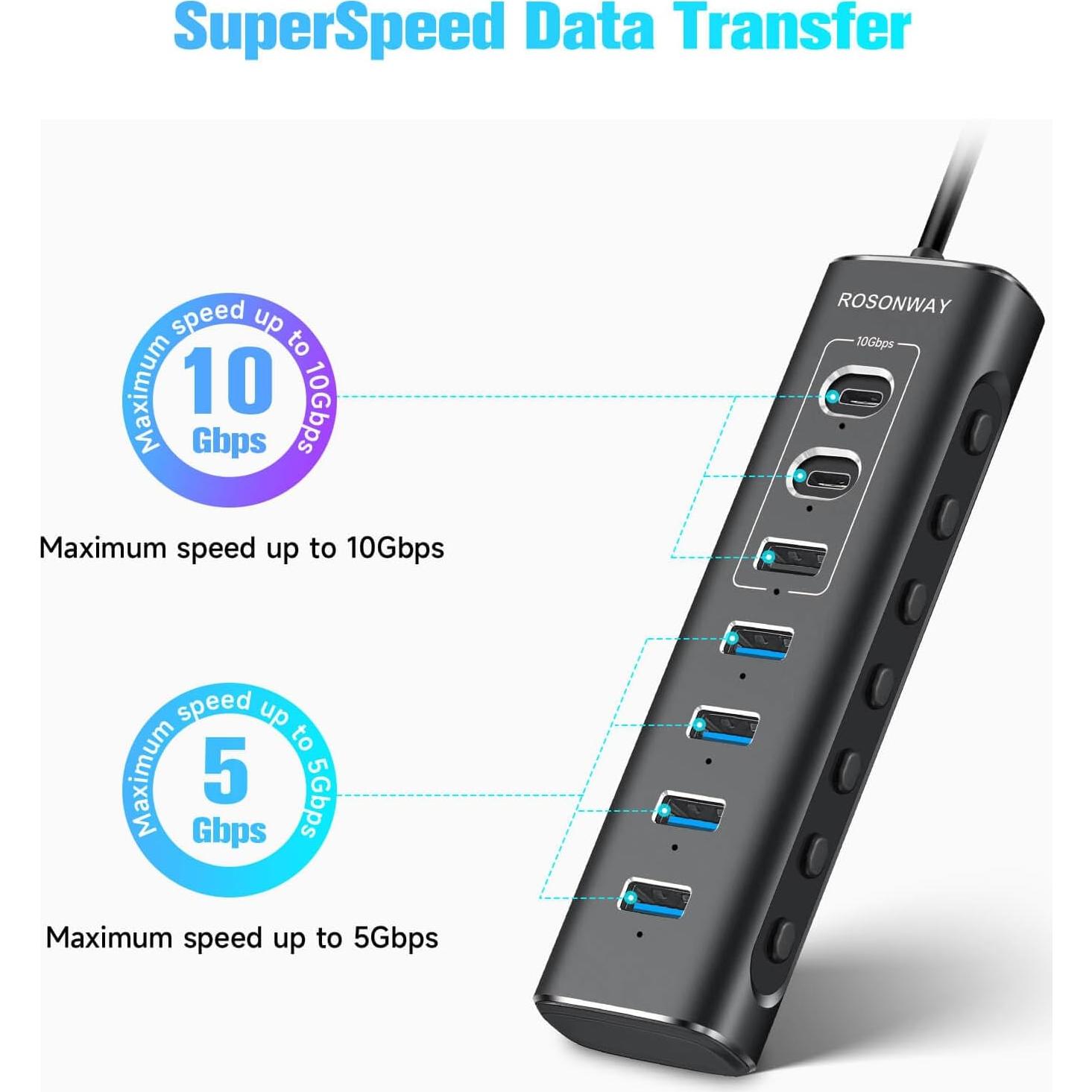 Hub USB 3.2 Alimentado Rosonway 7 Puertos 10Gbps
