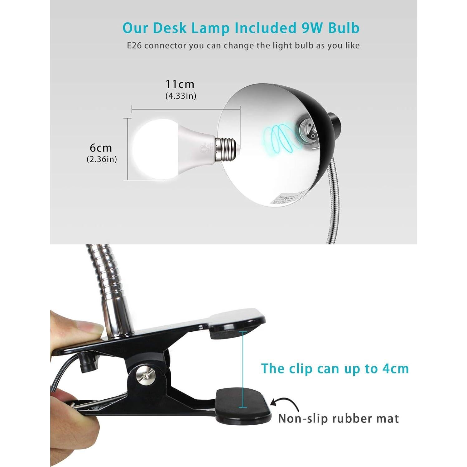 Lámpara de escritorio LALISU con clip y luz LED 9W negra