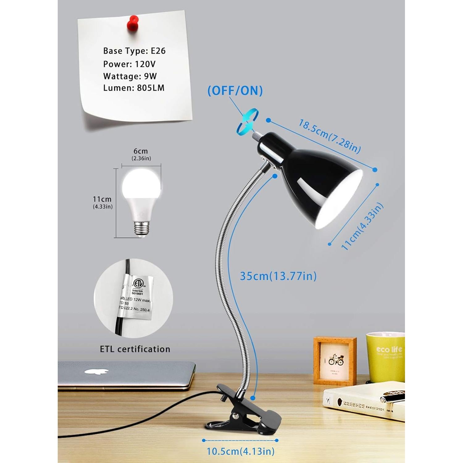 Lámpara de escritorio LALISU con clip y luz LED 9W negra