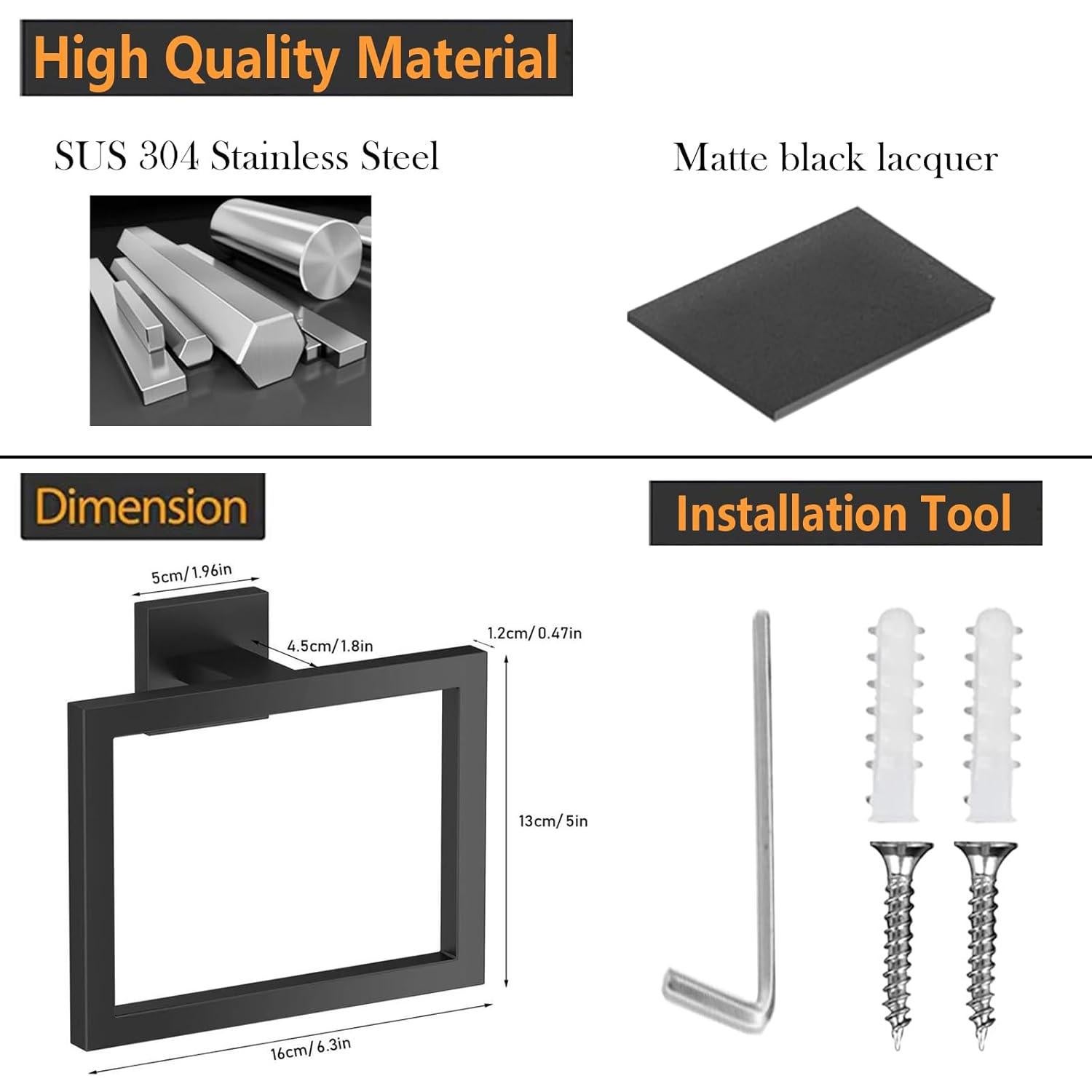 Anillo de Toalla 2 Piezas JOPOFI Acero Inoxidable Negro Mate