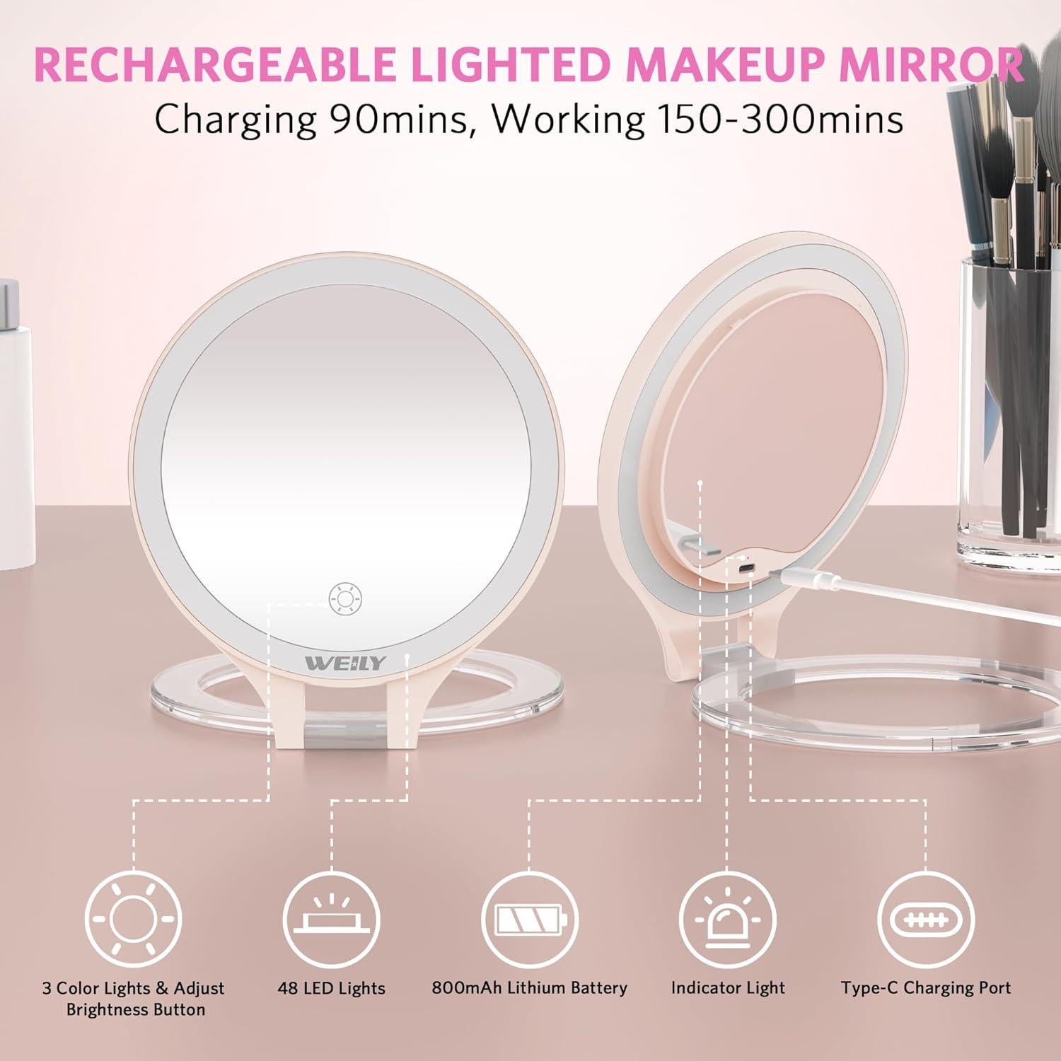 Espejo de Aumento WEILY 10X/1X con Luz LED Plegable Rosa