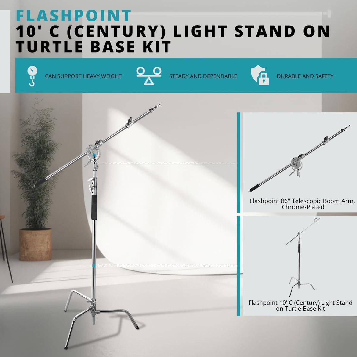 Kit C-Stand Flashpoint 3.2m con brazo cruzado y pin 5/8"