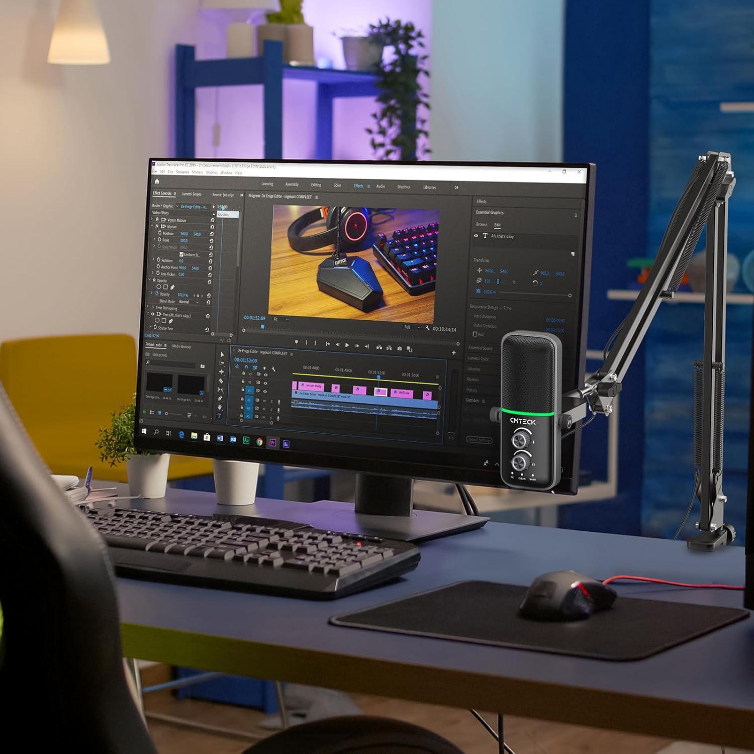 CMTECK Gaming Microphone Set, Dynamic PC Mic, Computer RGB Mic Kit with Boom Arm Stand, Mute Button, Gain Knob, Headphones Jack, Three Sound Mode, Perfect for Recording, Streaming