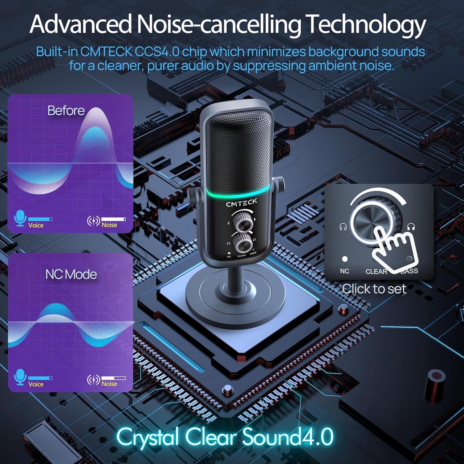 CMTECK Gaming Microphone Set, Dynamic PC Mic, Computer RGB Mic Kit with Boom Arm Stand, Mute Button, Gain Knob, Headphones Jack, Three Sound Mode, Perfect for Recording, Streaming